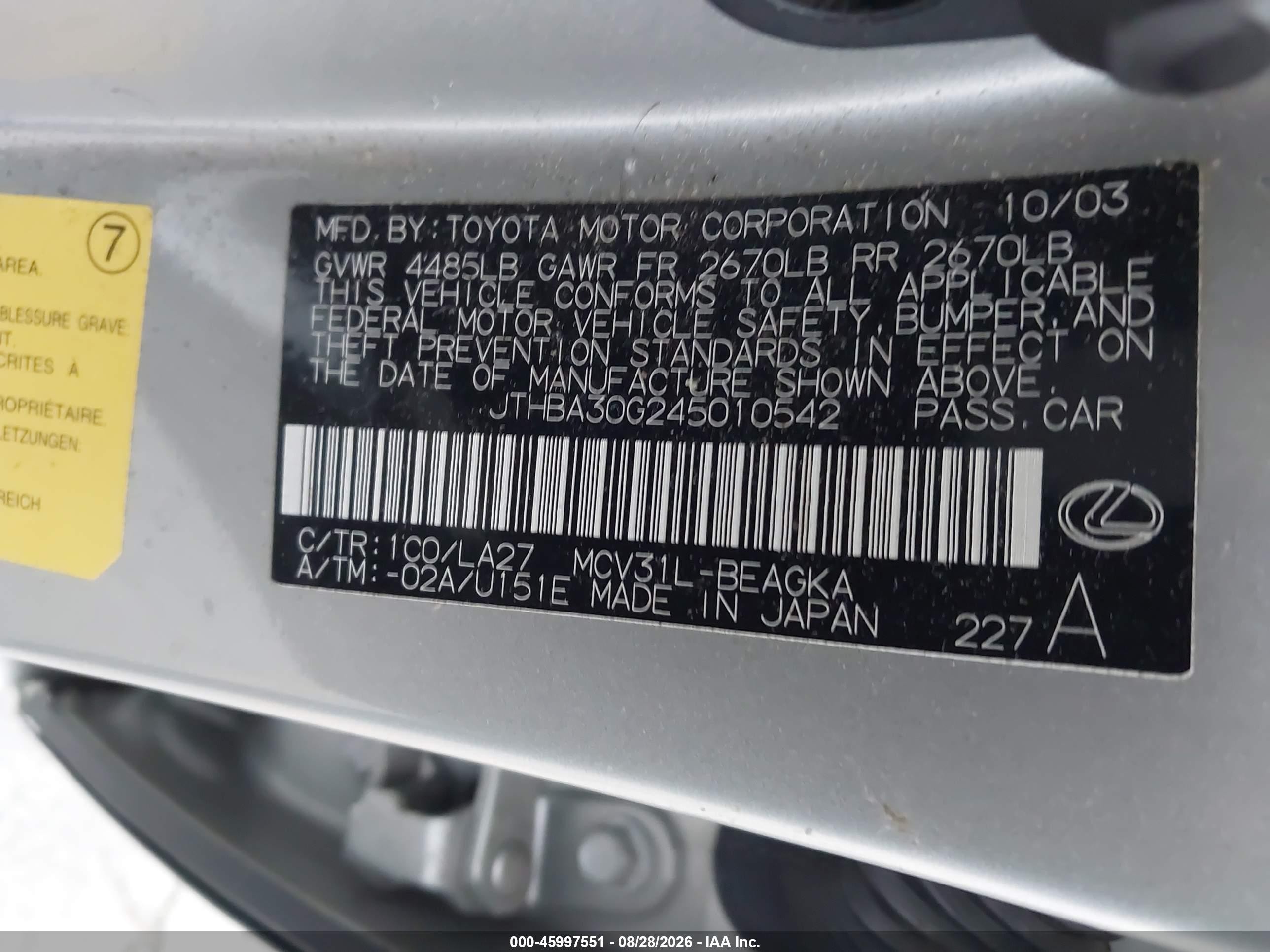 2004 Lexus Es 330   Silver vin: JTHBA30G245010542