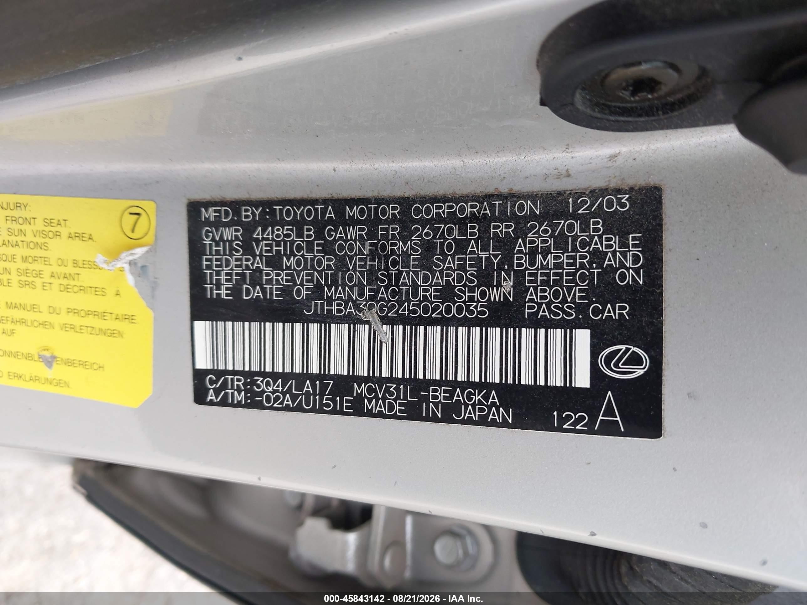 2004 Lexus Es 330   Silver vin: JTHBA30G245020035