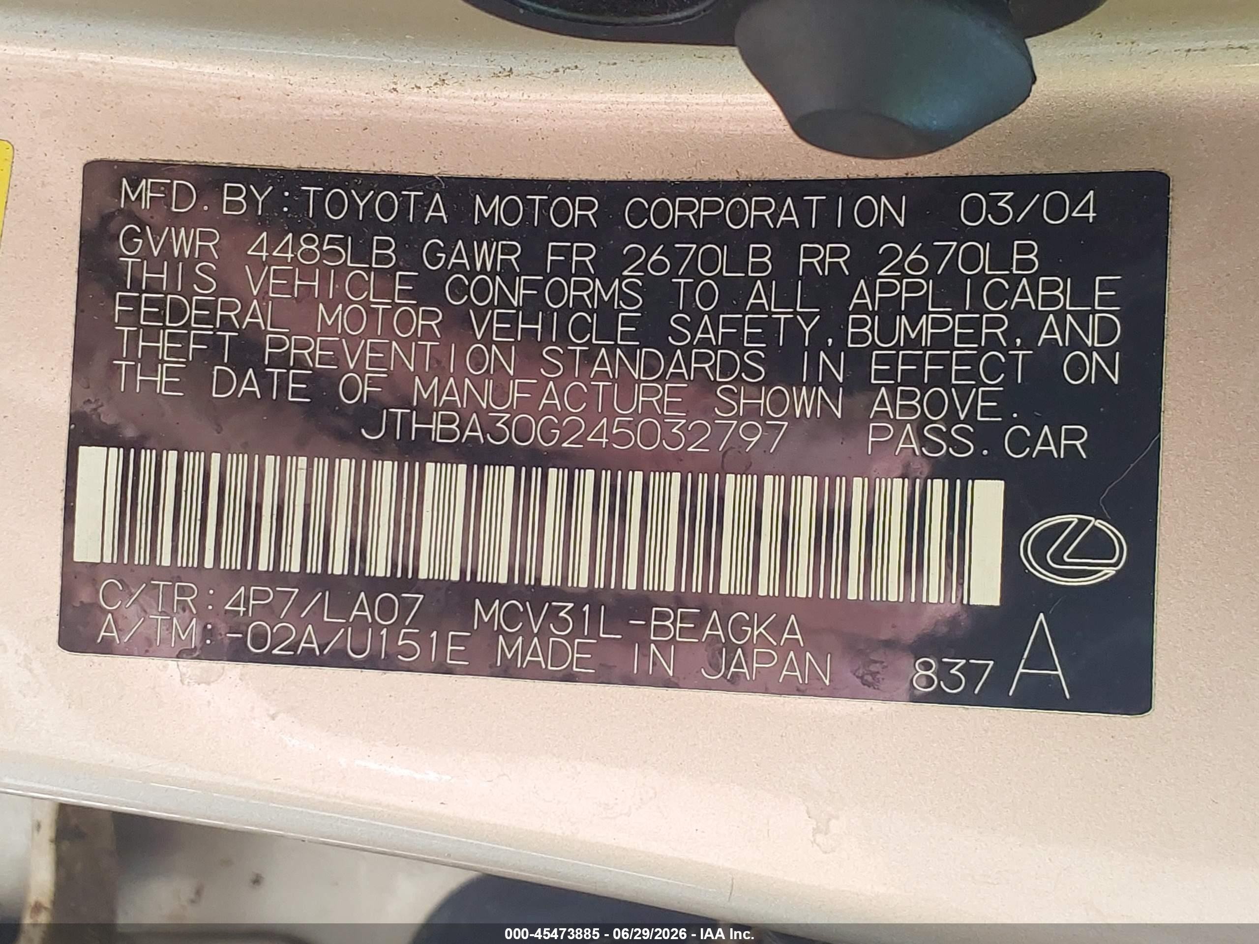 2004 Lexus Es 330   Золотой vin: JTHBA30G245032797