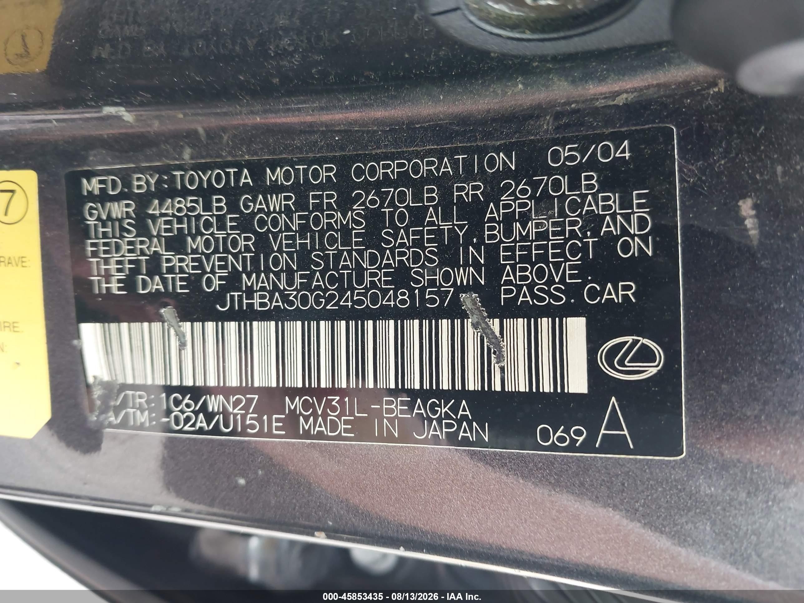 2004 Lexus Es 330   Gray vin: JTHBA30G245048157