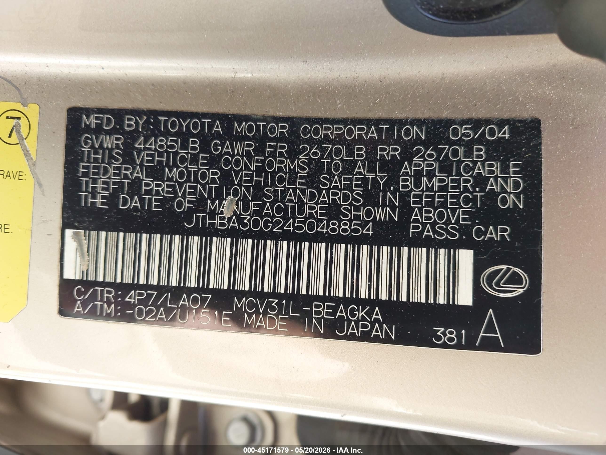2004 Lexus Es 330   Золотой vin: JTHBA30G245048854