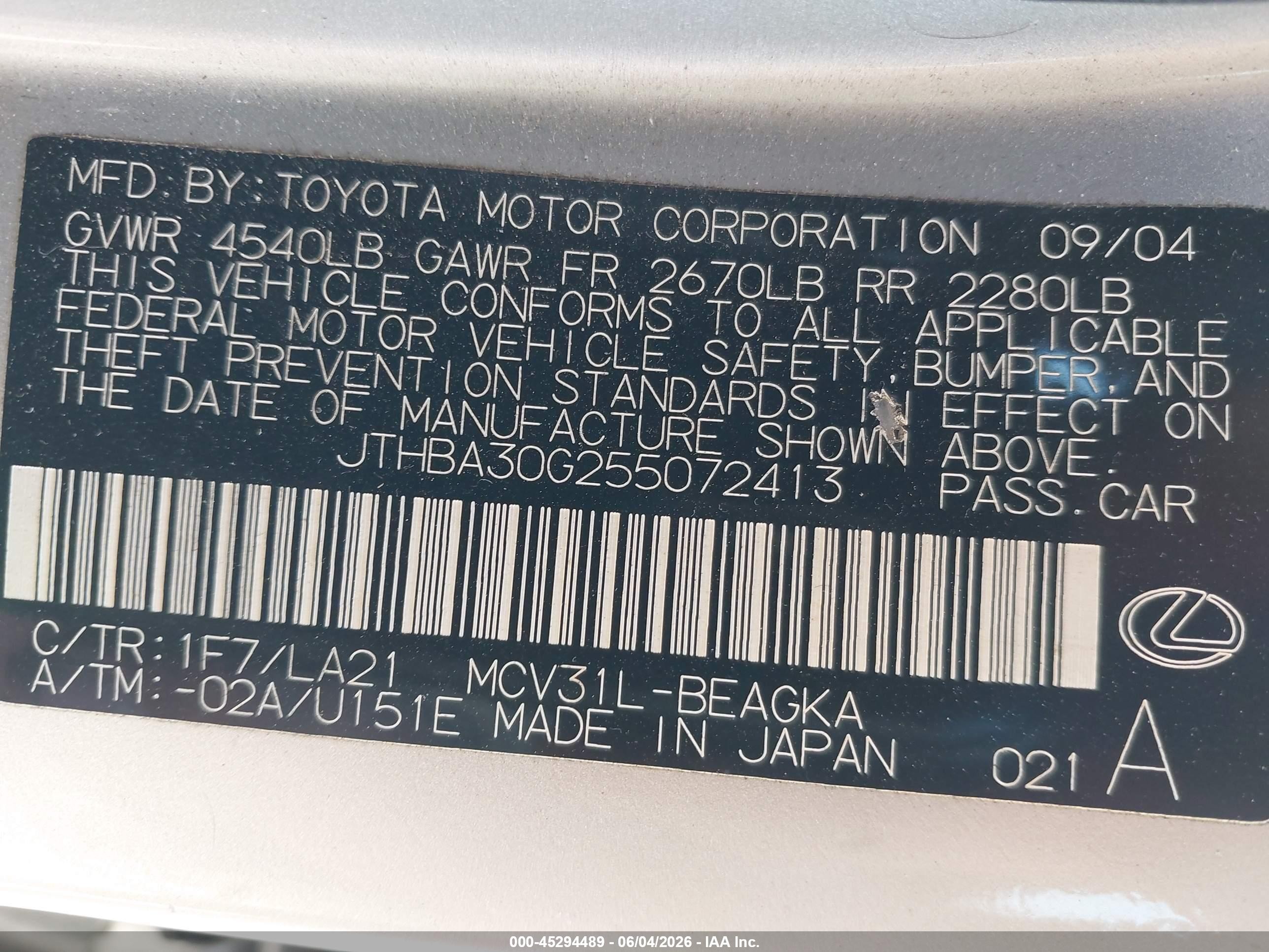 2005 Lexus Es 330 Silver vin: JTHBA30G255072413
