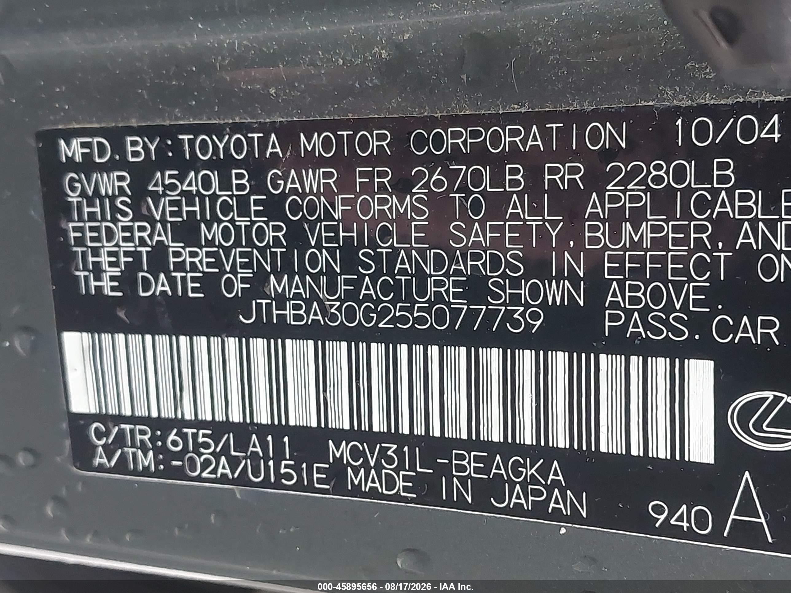 2005 Lexus Es 330   Green vin: JTHBA30G255077739