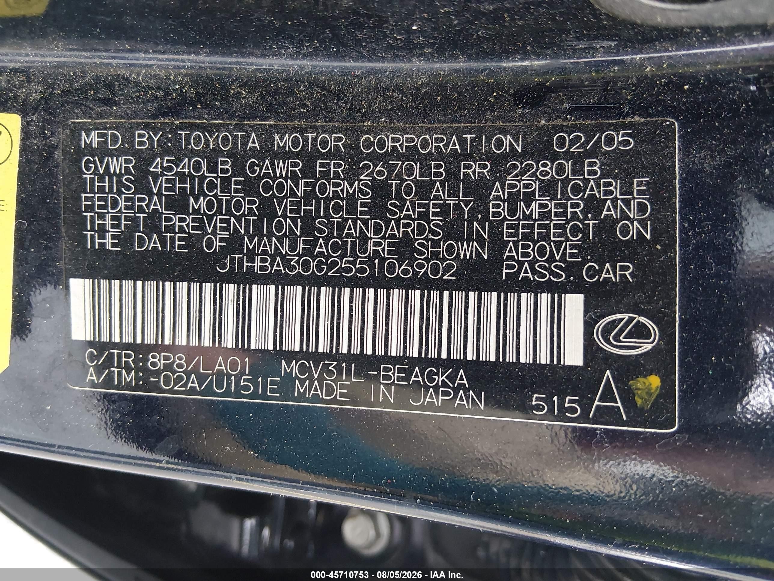 2005 Lexus Es 330   Dark Blue vin: JTHBA30G255106902