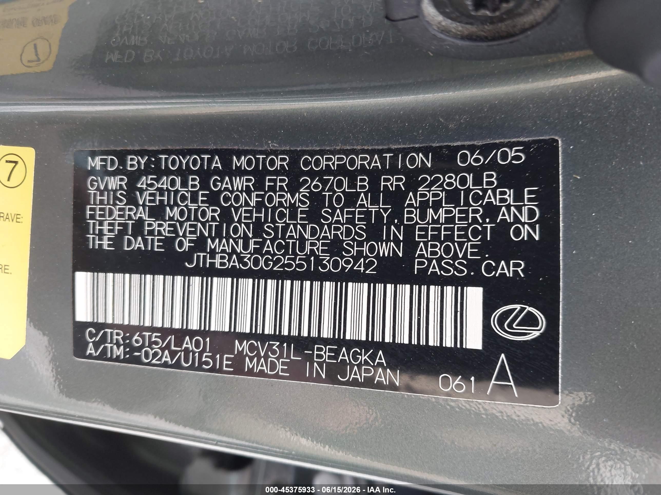 2005 Lexus Es 330 Green vin: JTHBA30G255130942