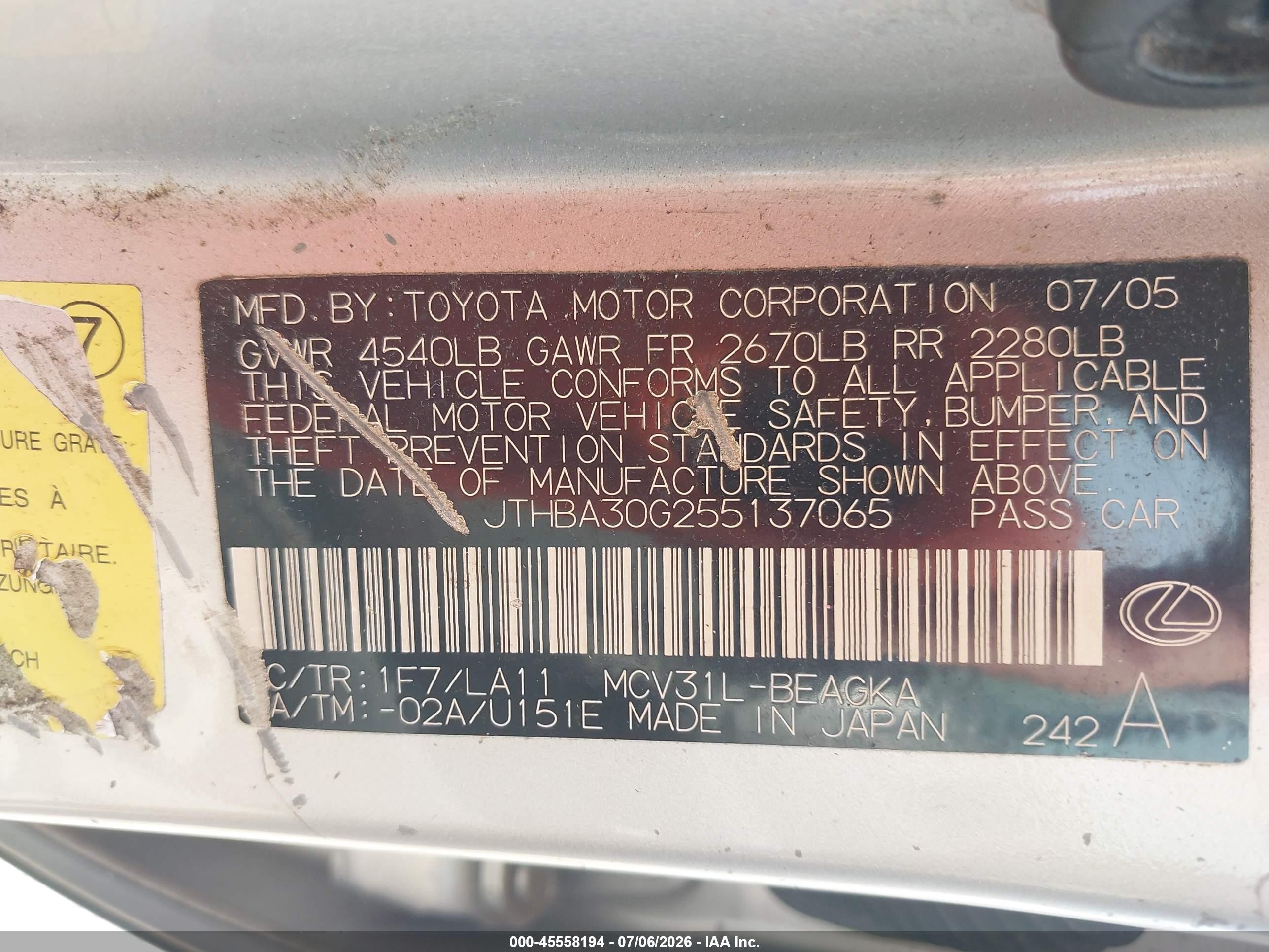 2005 Lexus Es 330   Серебряный vin: JTHBA30G255137065