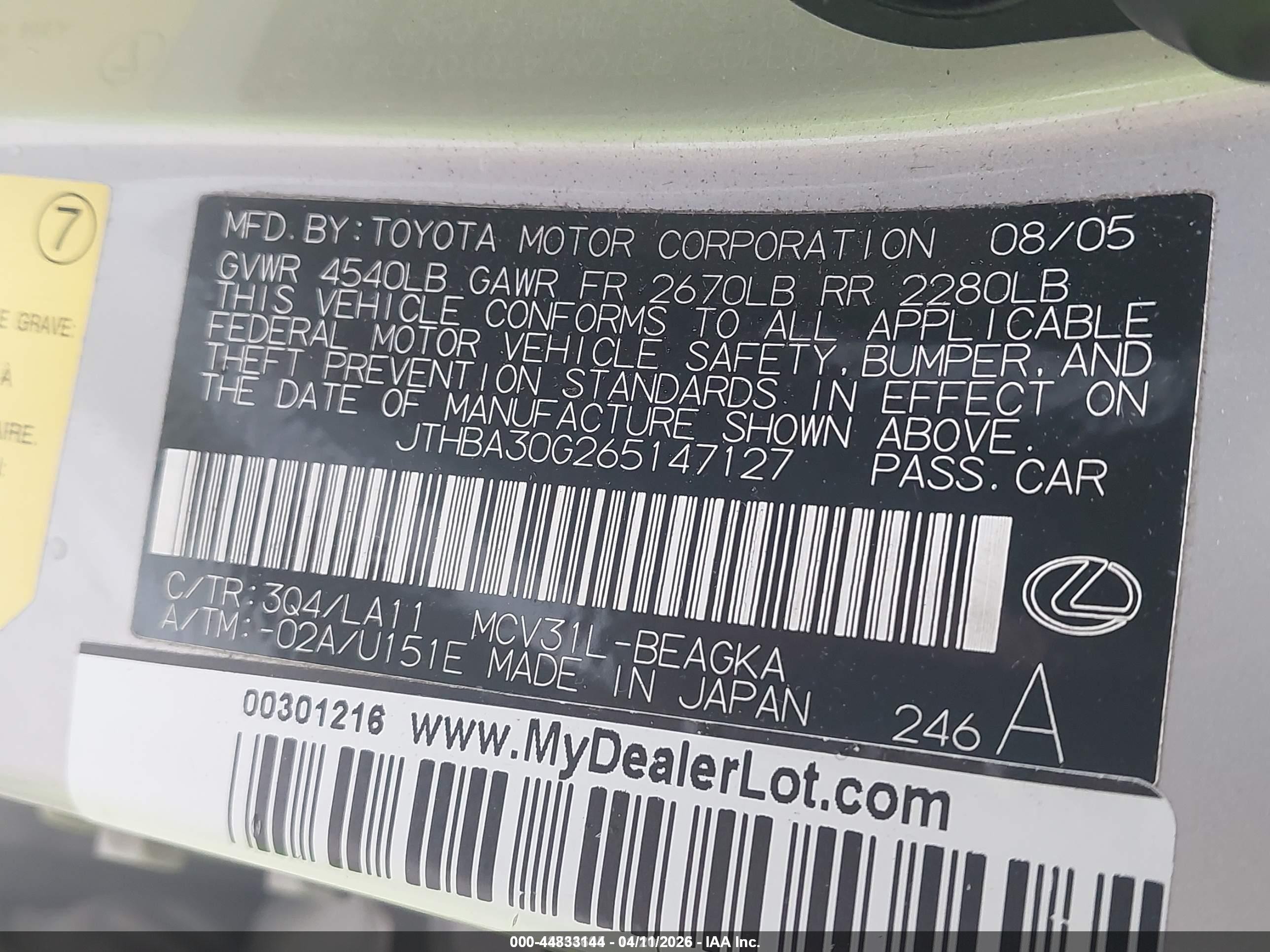 2006 Lexus Es 330 Silver vin: JTHBA30G265147127