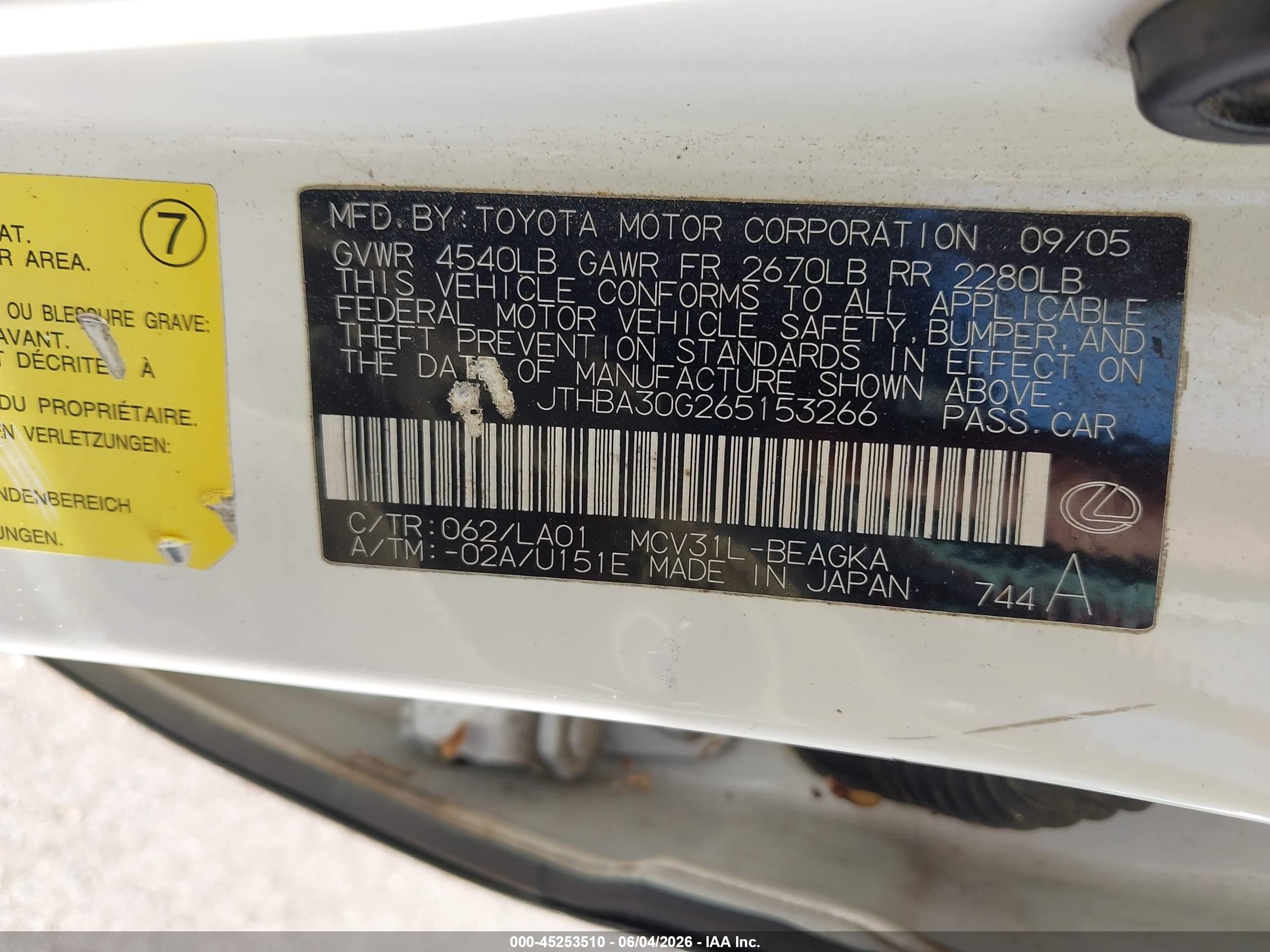2006 Lexus Es 330   White vin: JTHBA30G265153266
