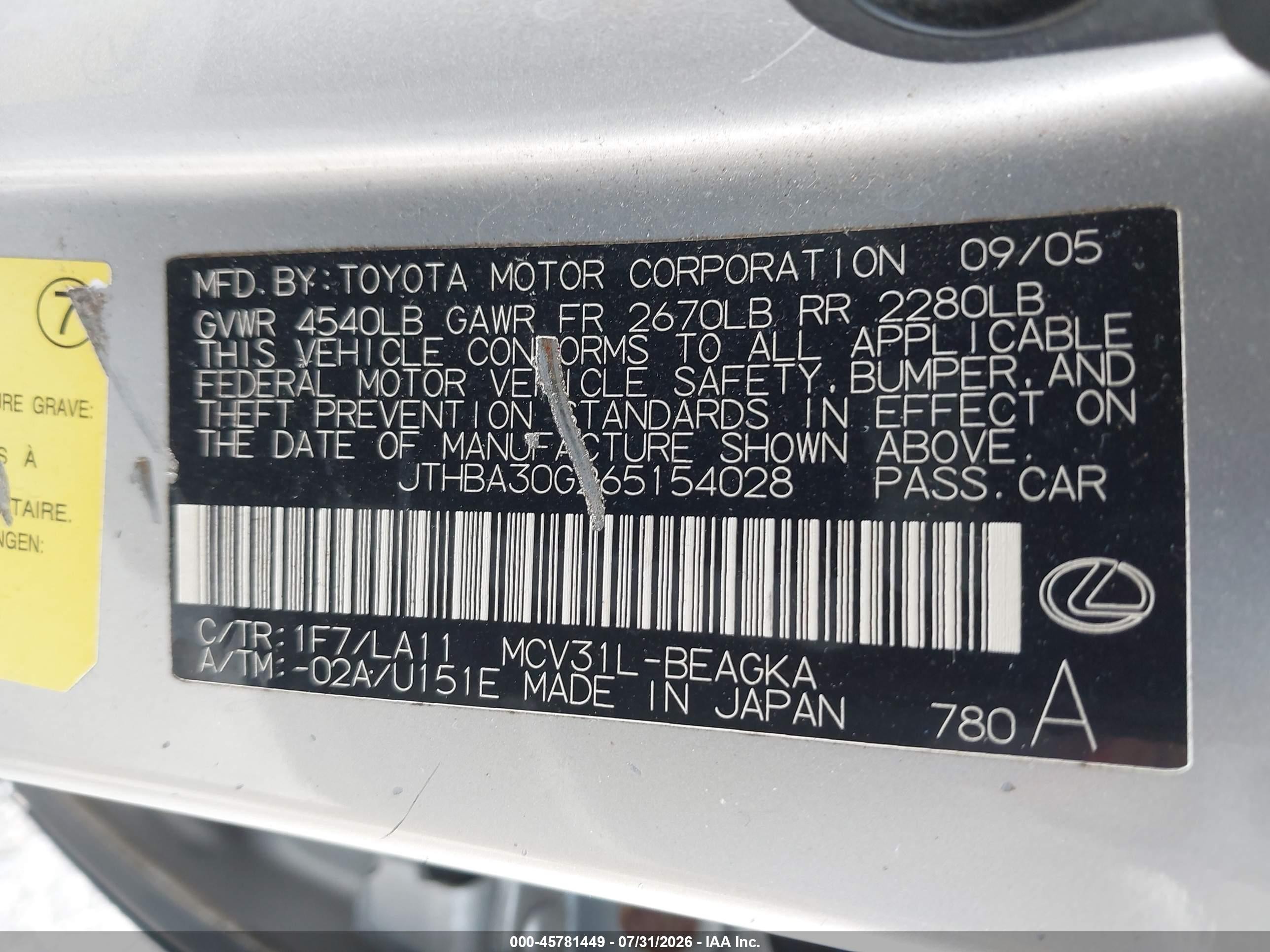 2006 Lexus Es 330   Silver vin: JTHBA30G265154028