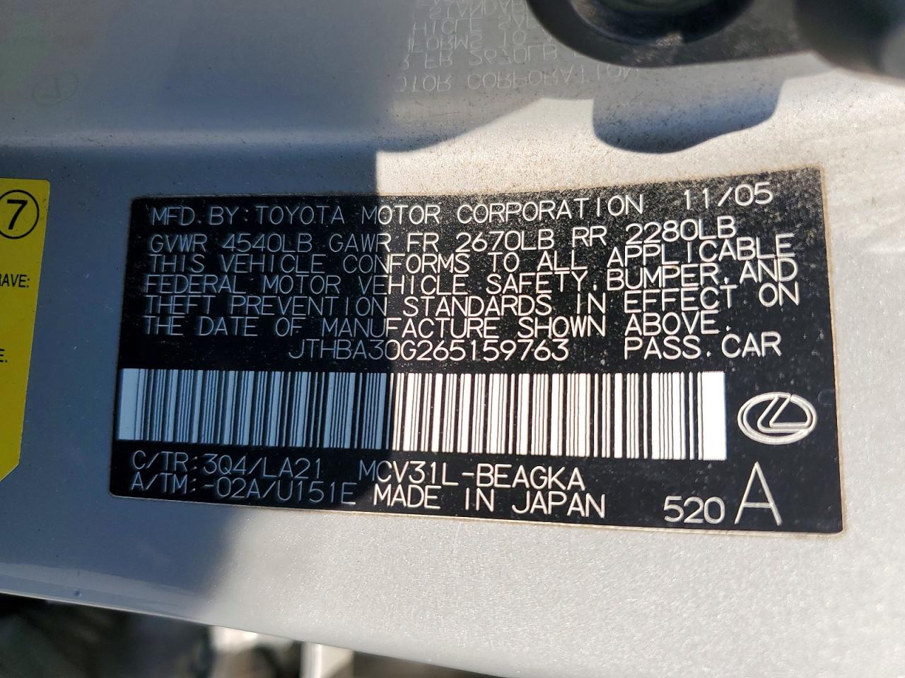 2006 Lexus Es 330 Серебряный vin: JTHBA30G265159763