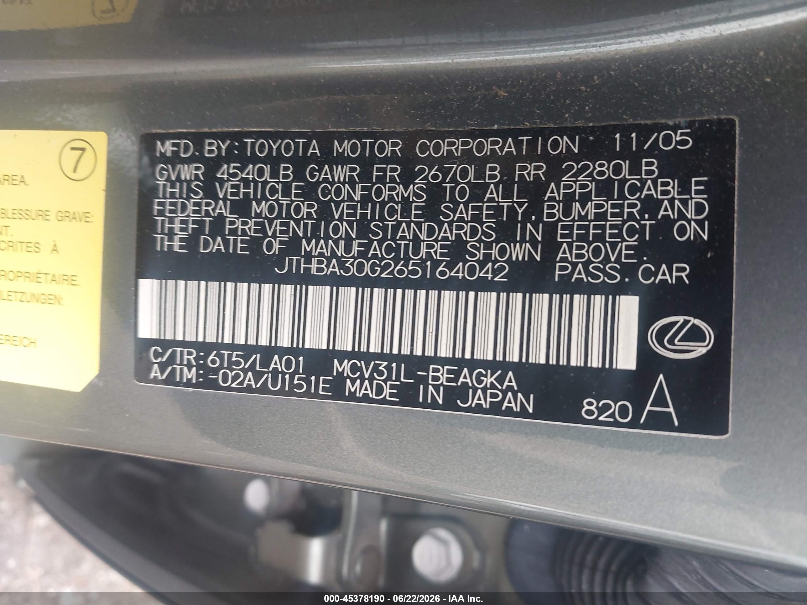 2006 Lexus Es 330 Green vin: JTHBA30G265164042