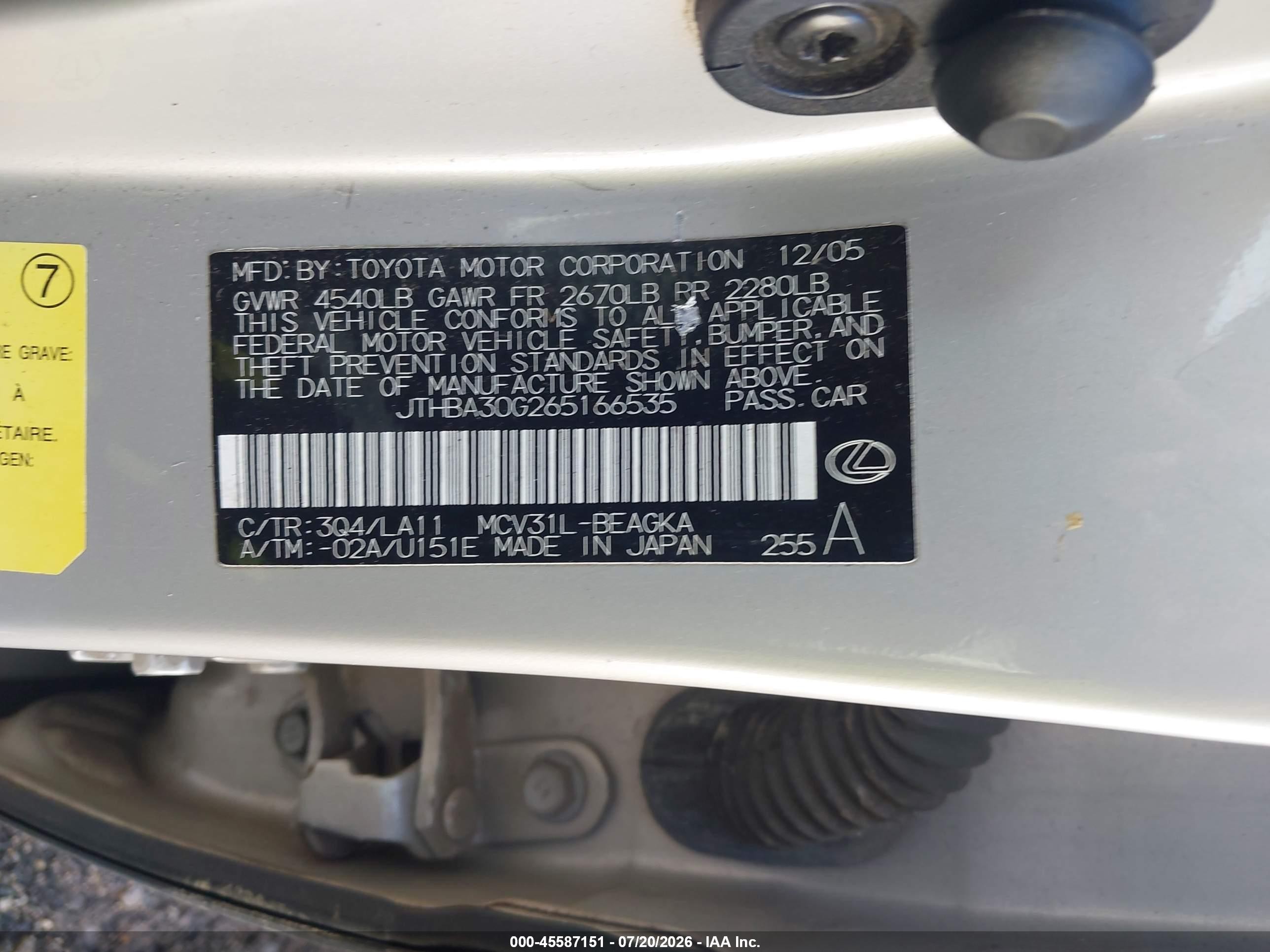 2006 Lexus Es 330   Gray vin: JTHBA30G265166535