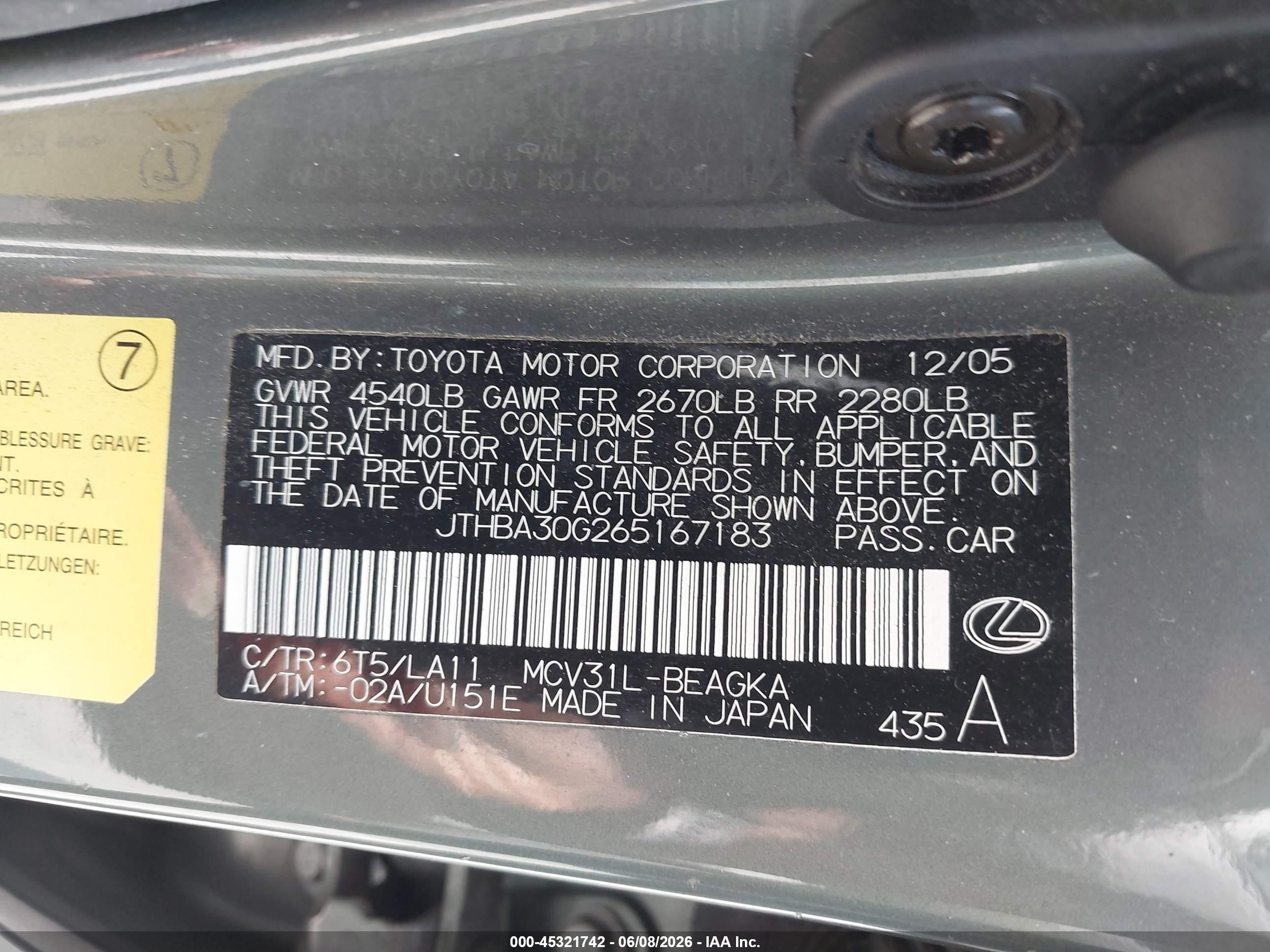 2006 Lexus Es 330   Green vin: JTHBA30G265167183