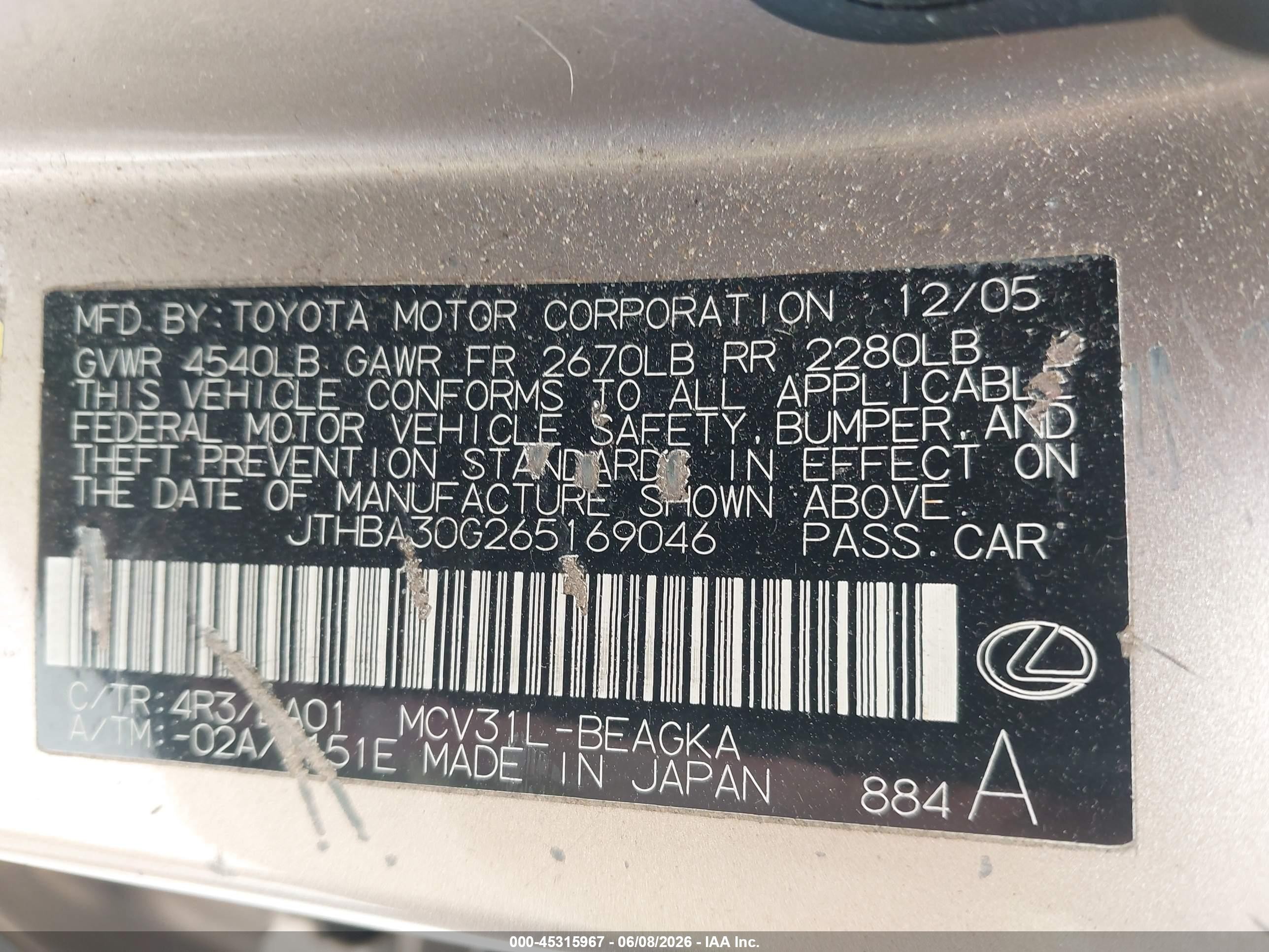 2006 Lexus Es 330   Tan vin: JTHBA30G265169046