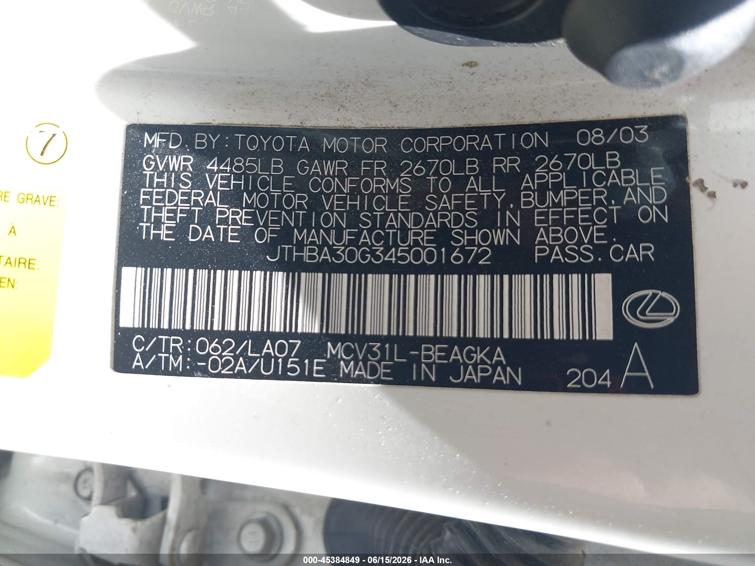 2004 Lexus Es 330   White vin: JTHBA30G345001672