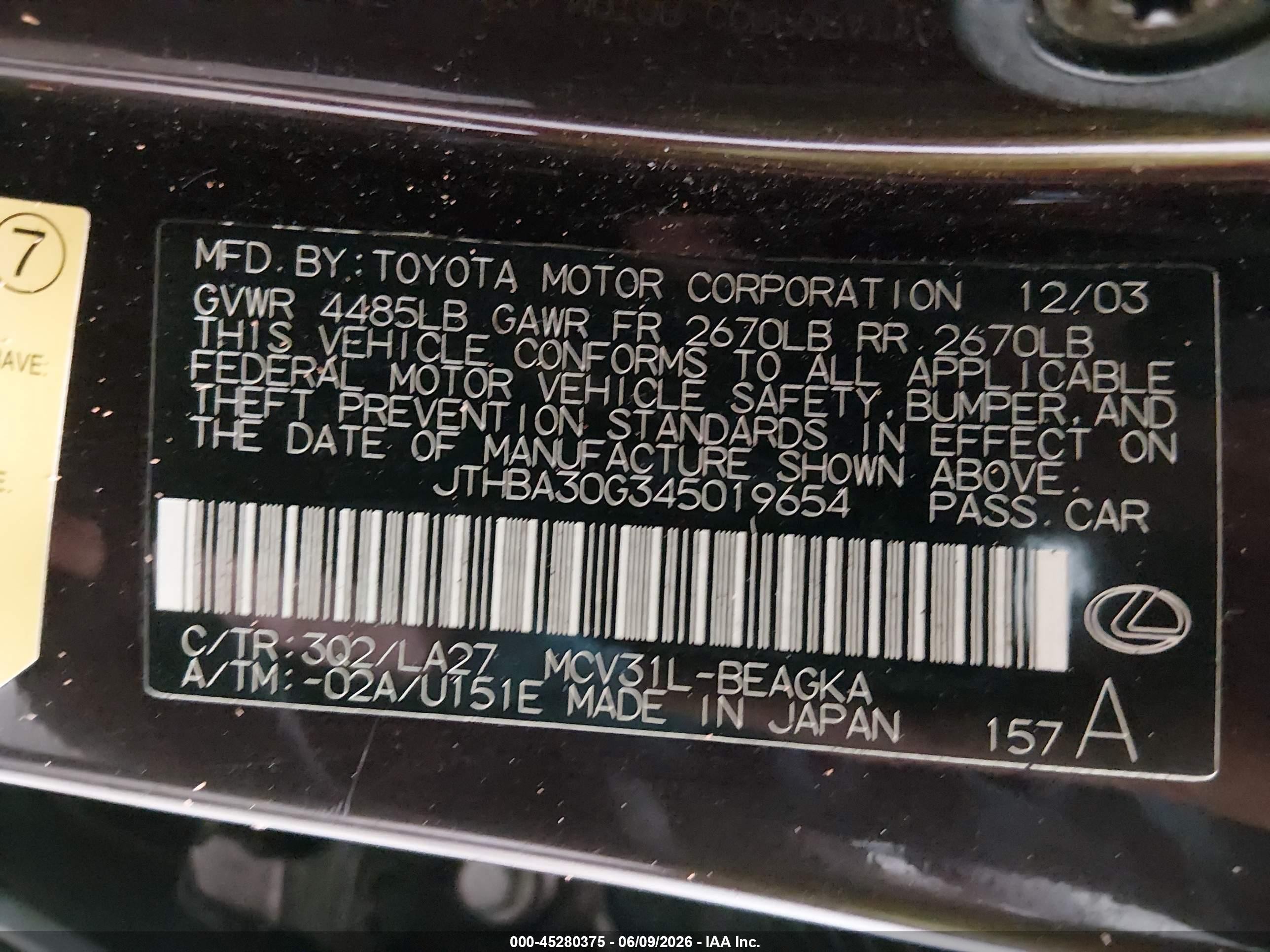 2004 Lexus Es 330 Темно-бордовый vin: JTHBA30G345019654