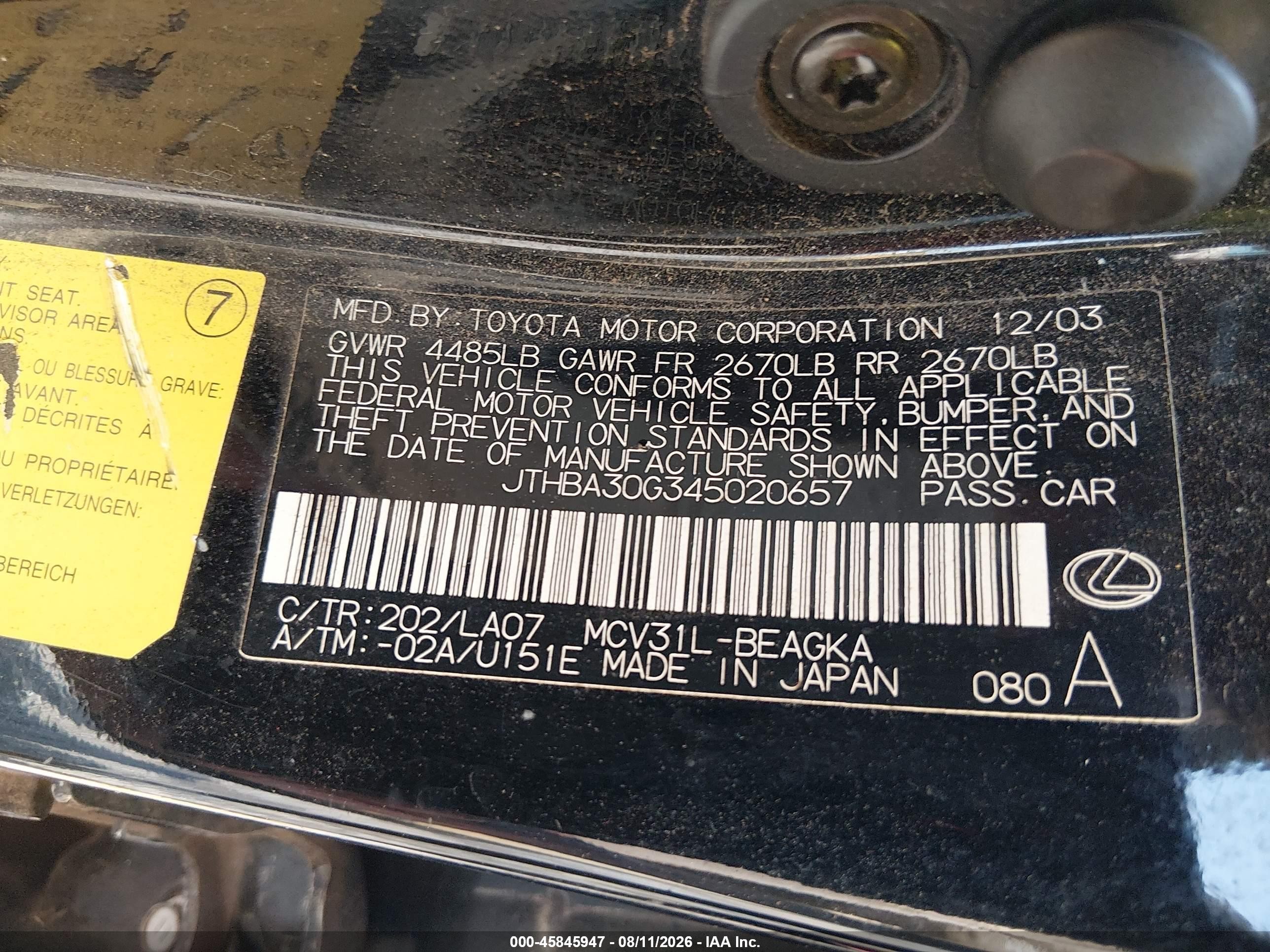 2004 Lexus Es 330 Black vin: JTHBA30G345020657