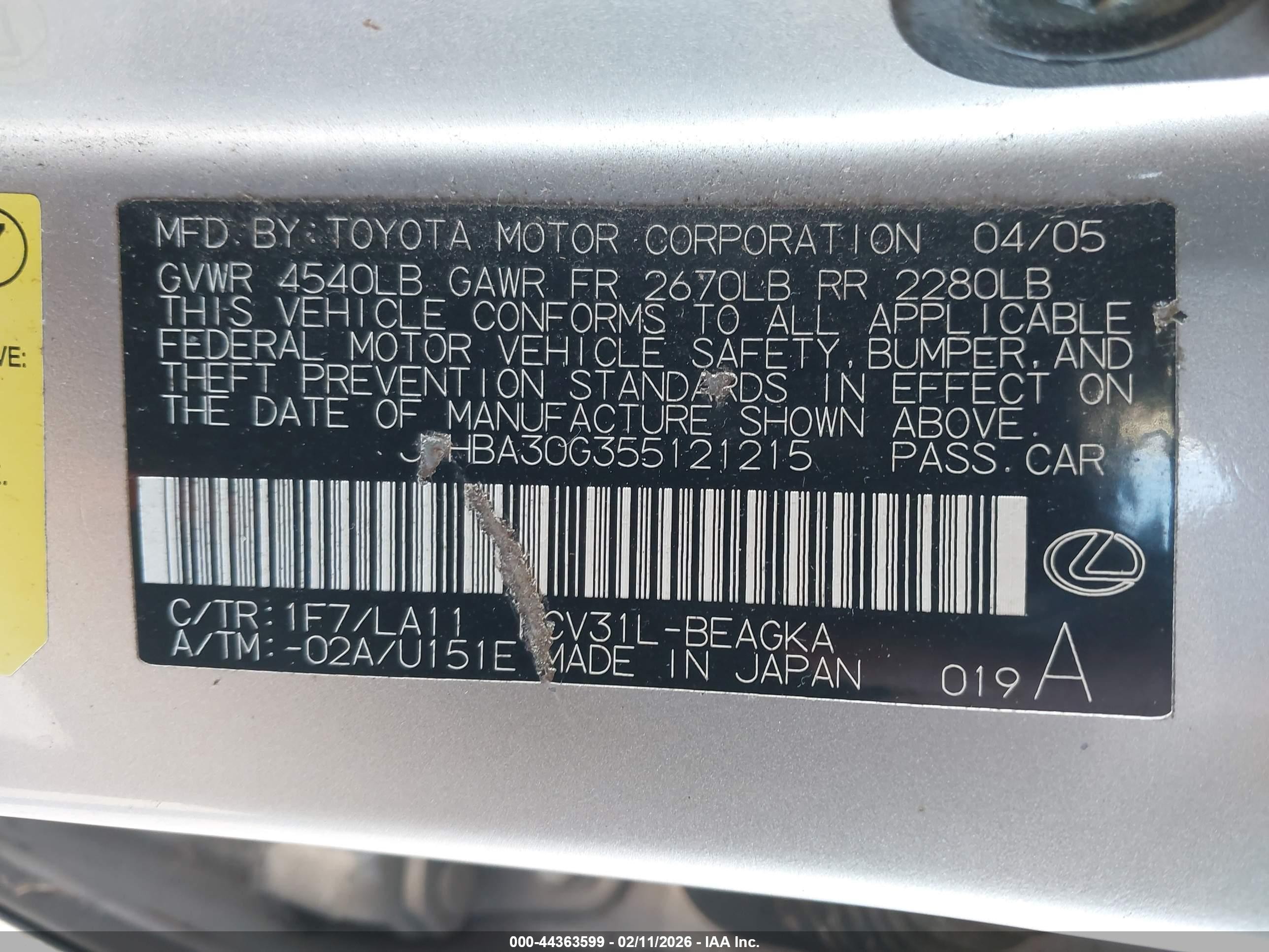 2005 Lexus Es 330 Silver vin: JTHBA30G355121215