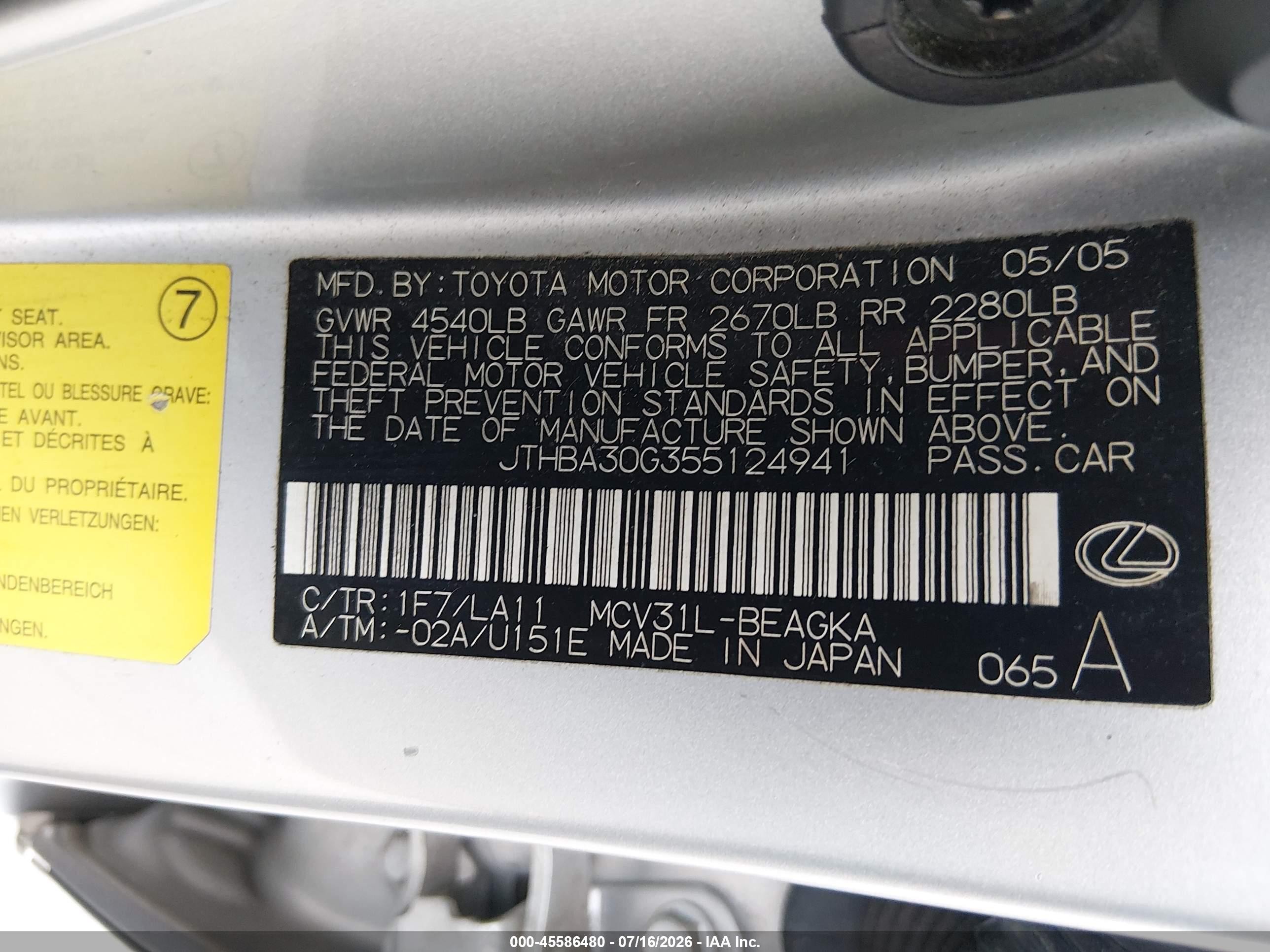2005 Lexus Es 330   Silver vin: JTHBA30G355124941