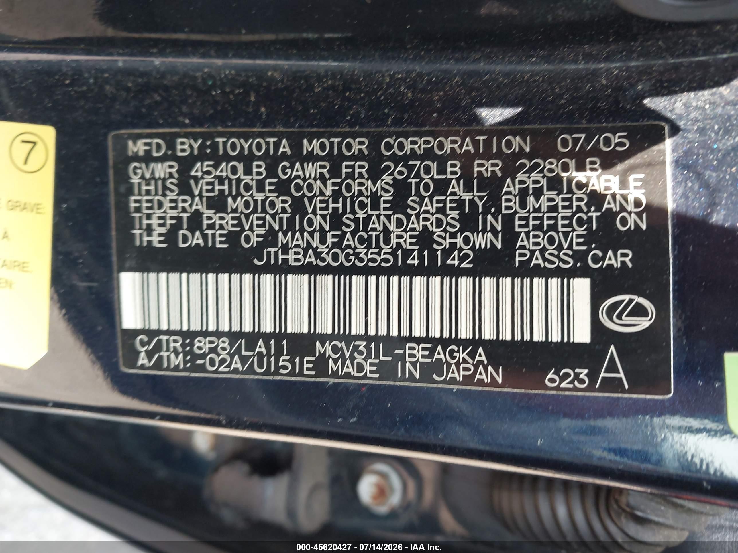 2005 Lexus Es 330   Black vin: JTHBA30G355141142