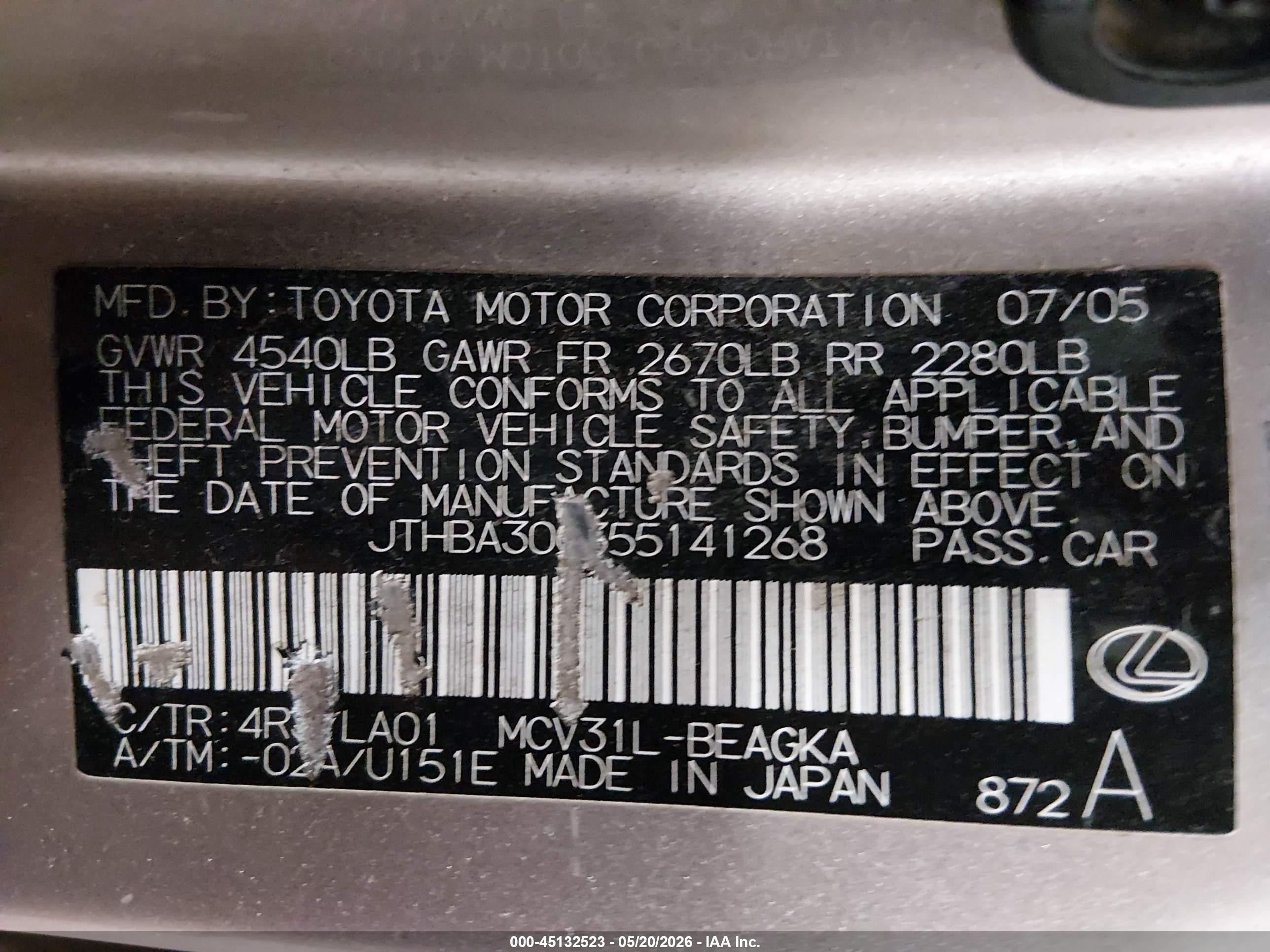 2005 Lexus Es 330 Gold vin: JTHBA30G355141268