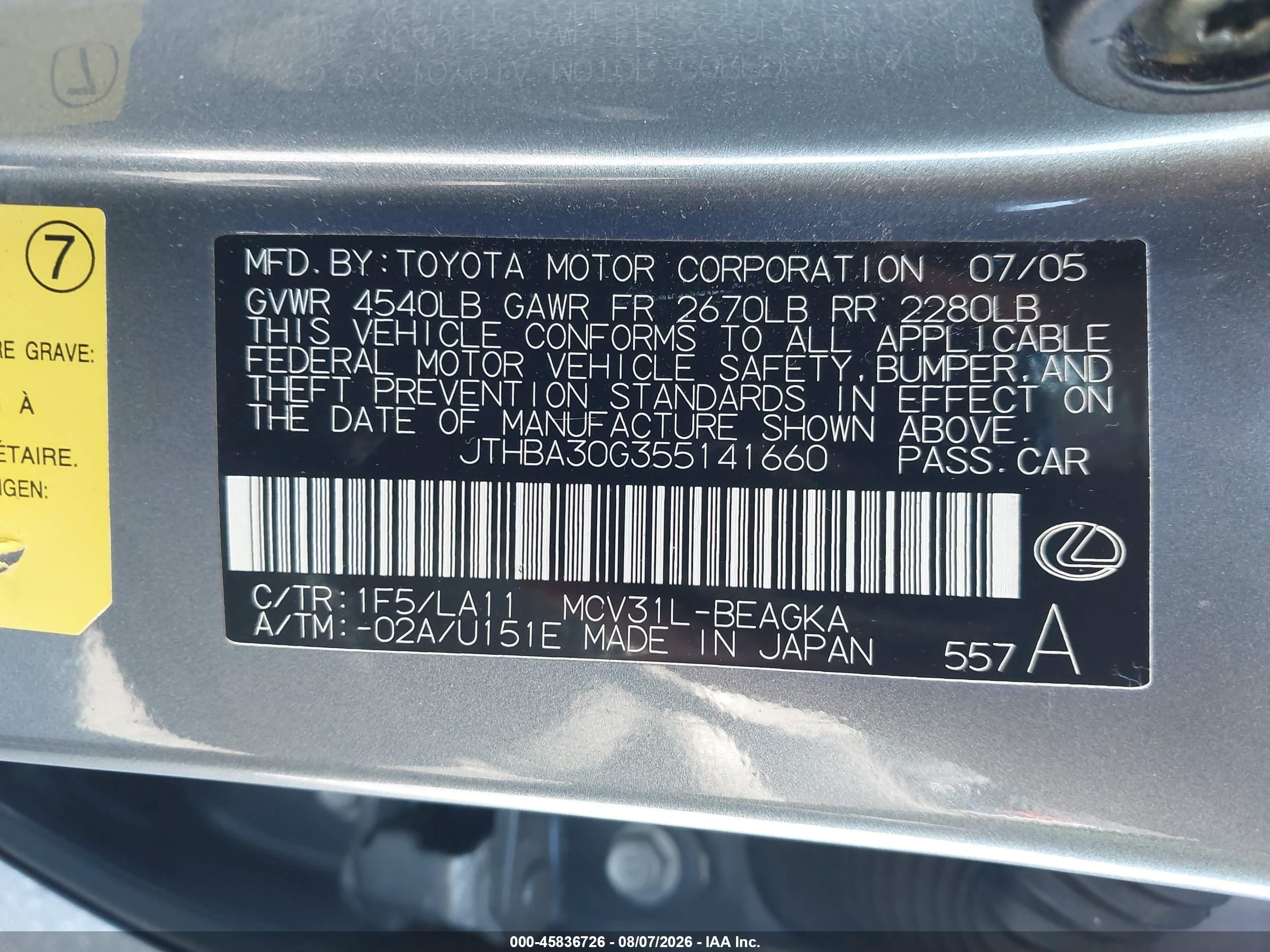 2005 Lexus Es 330   Green vin: JTHBA30G355141660