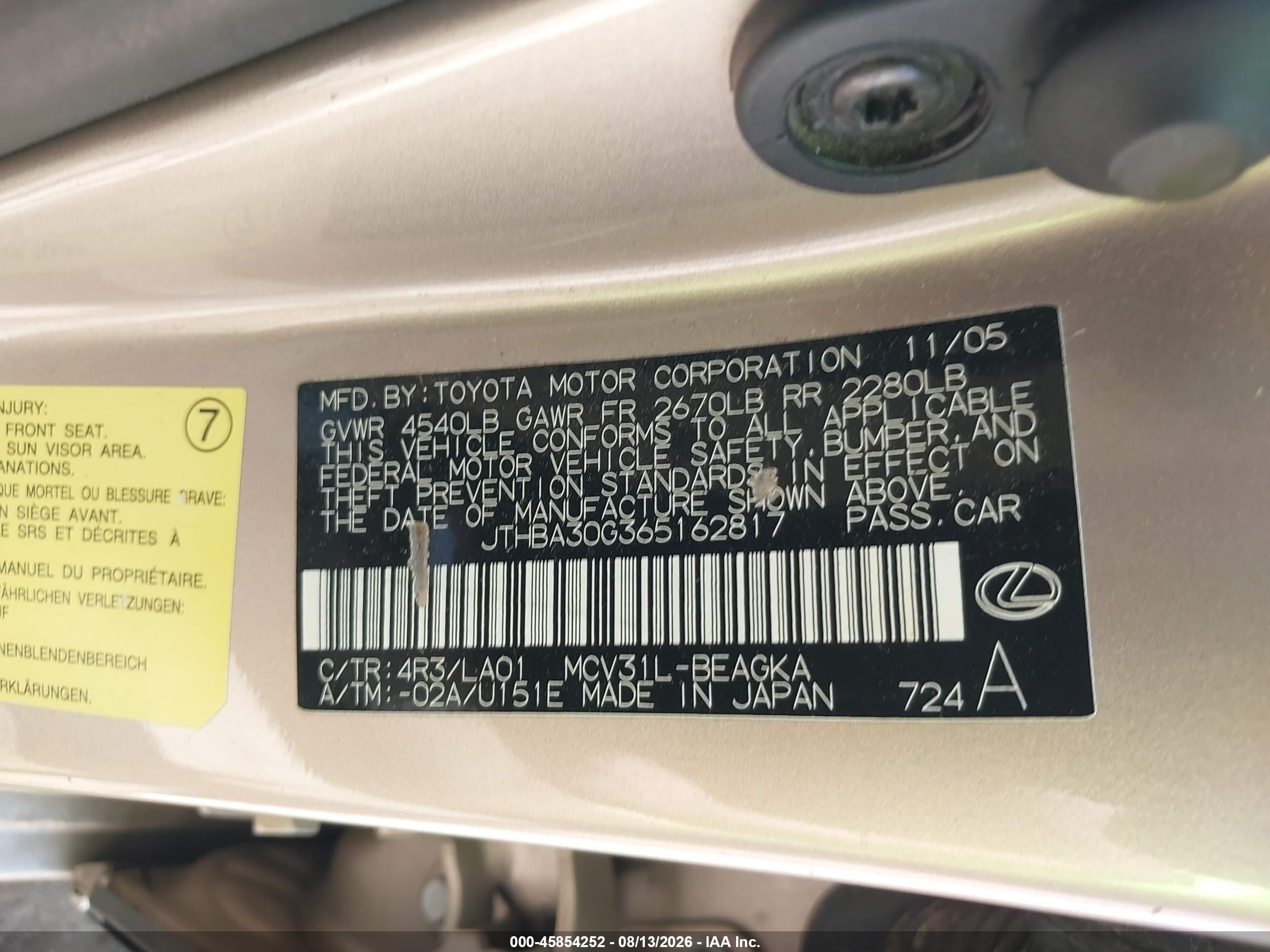 2006 Lexus Es 330 Золотой vin: JTHBA30G365162817