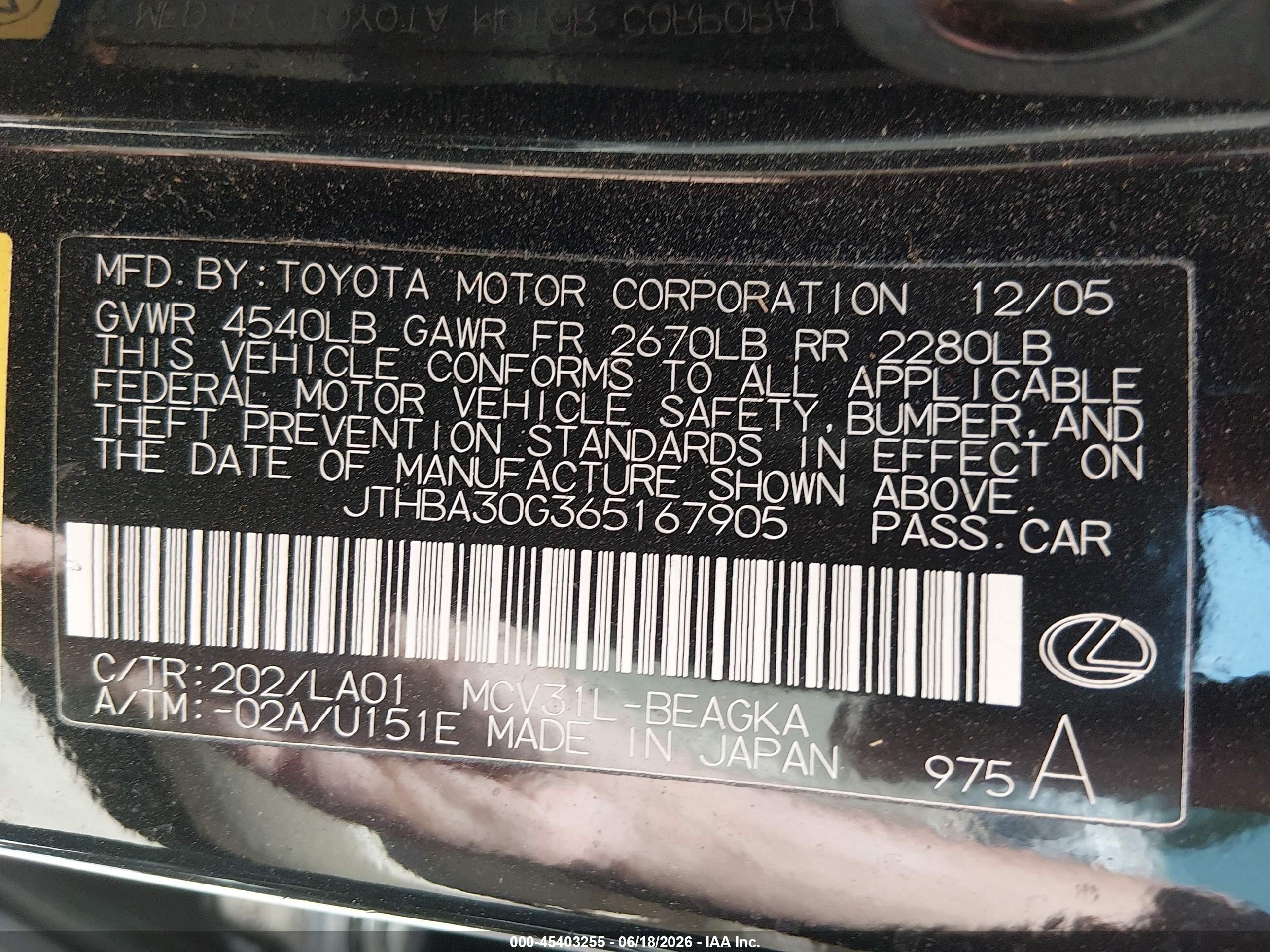 2006 Lexus Es 330 Black vin: JTHBA30G365167905