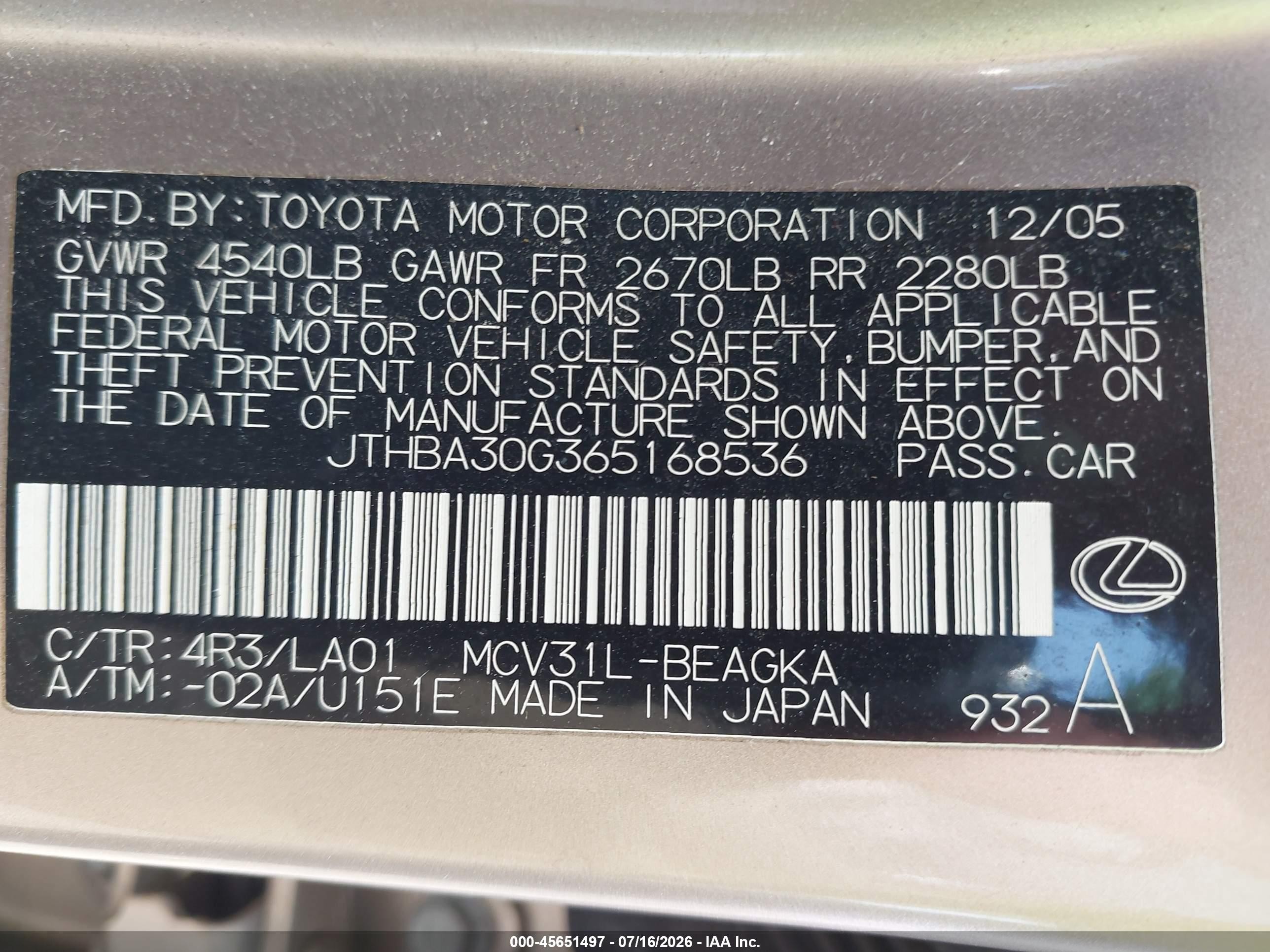 2006 Lexus Es 330   Tan vin: JTHBA30G365168536
