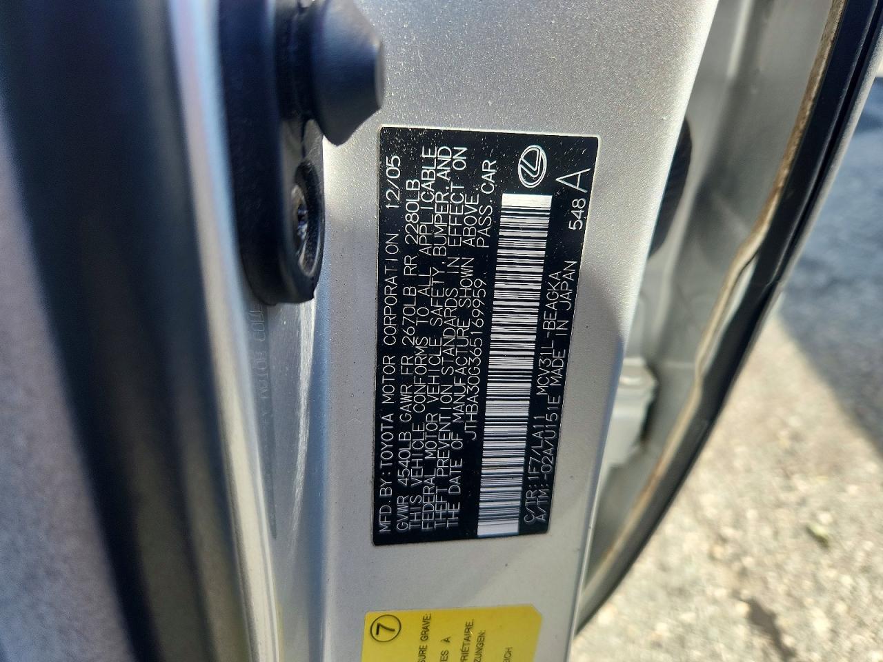 2006 Lexus Es 330 Silver vin: JTHBA30G365169959