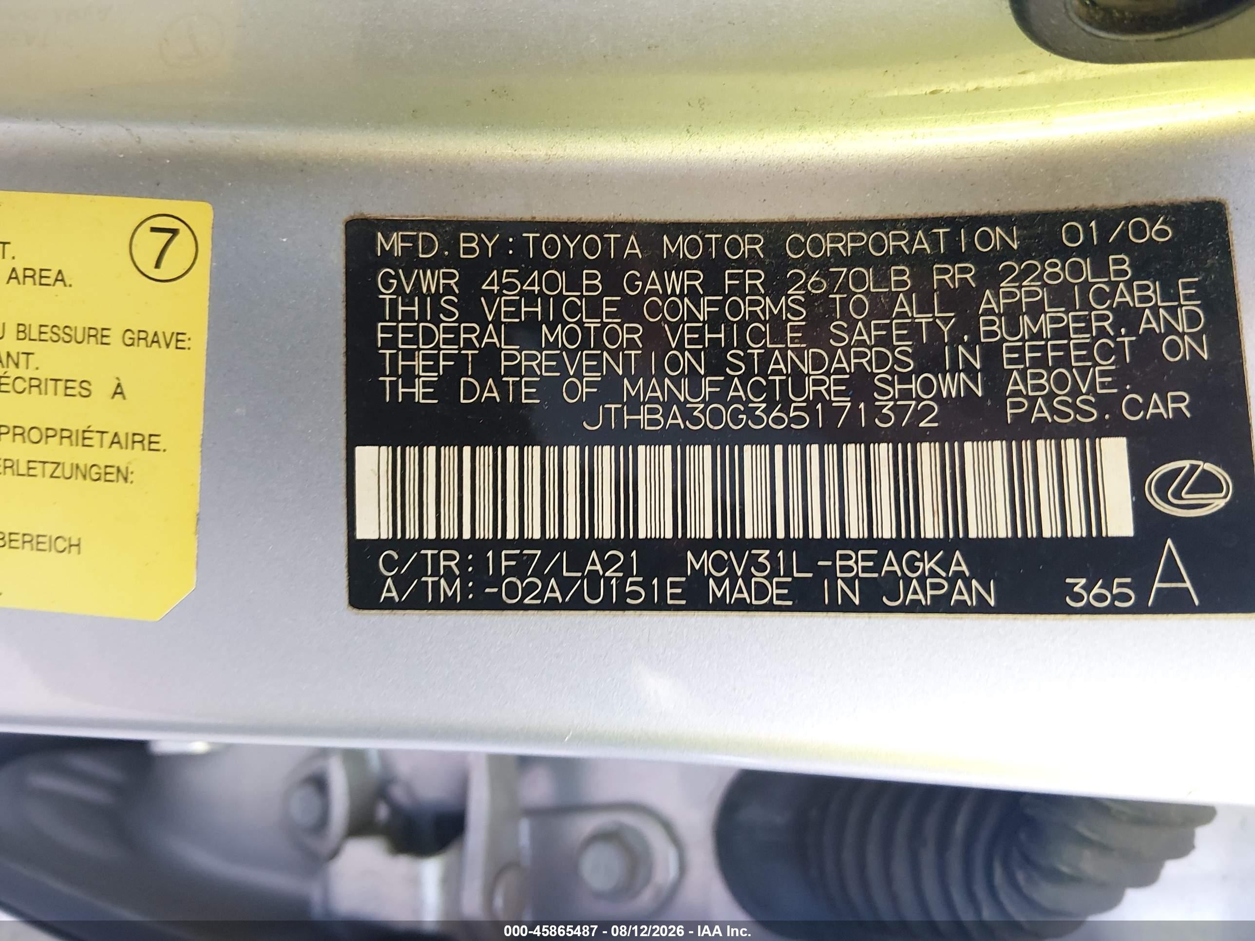 2006 Lexus Es 330 Серебряный vin: JTHBA30G365171372