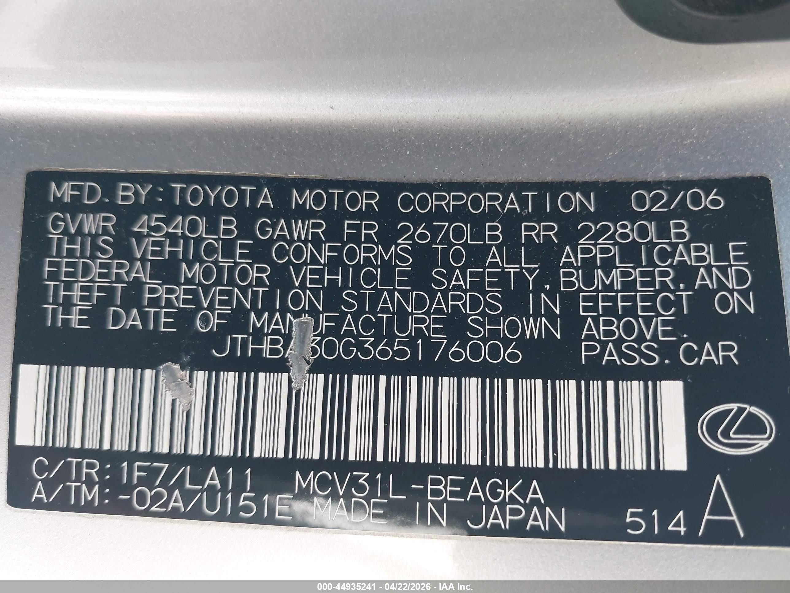2006 Lexus Es 330   Silver vin: JTHBA30G365176006