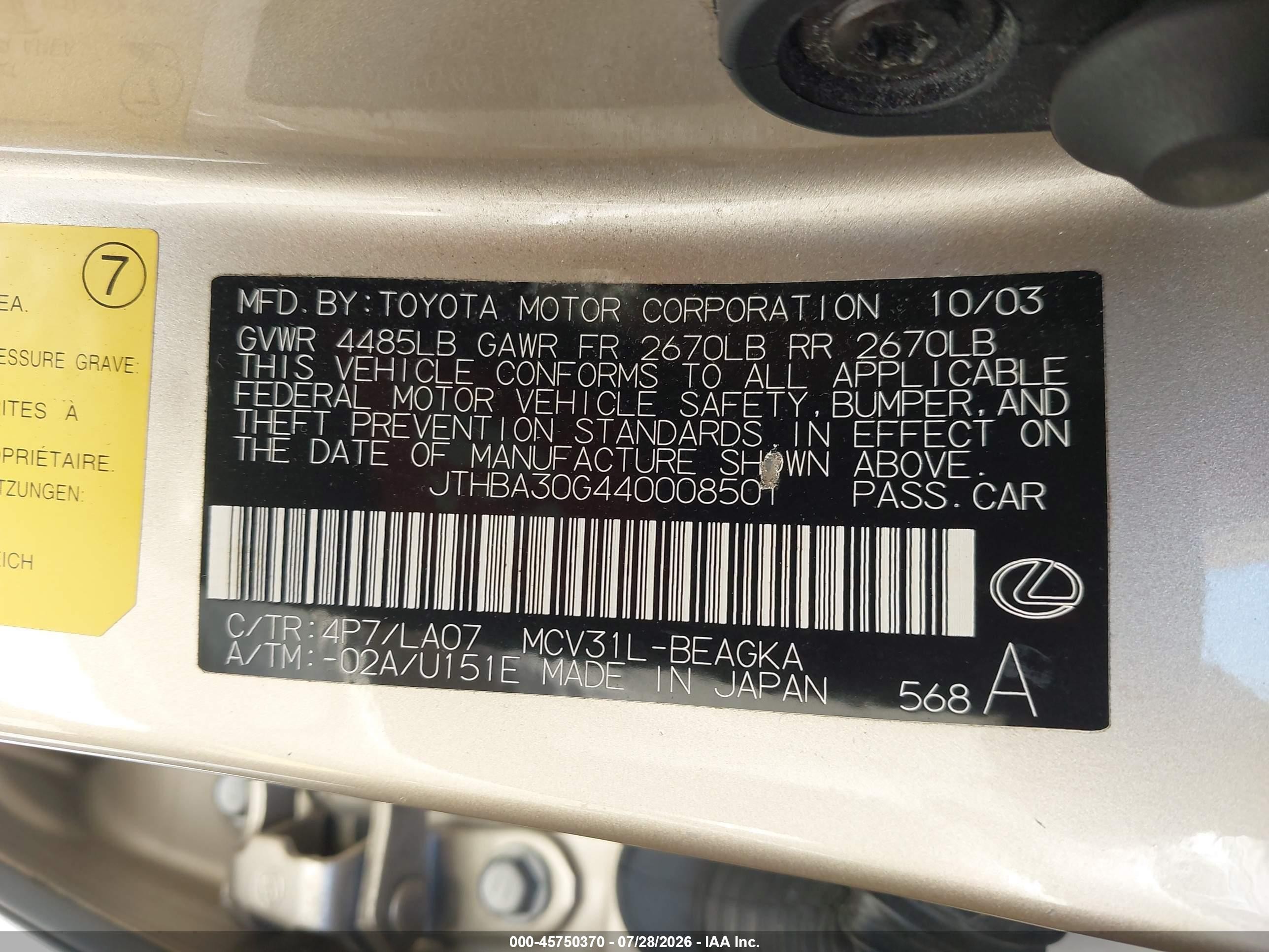 2004 Lexus Es 330   Gold vin: JTHBA30G440008501