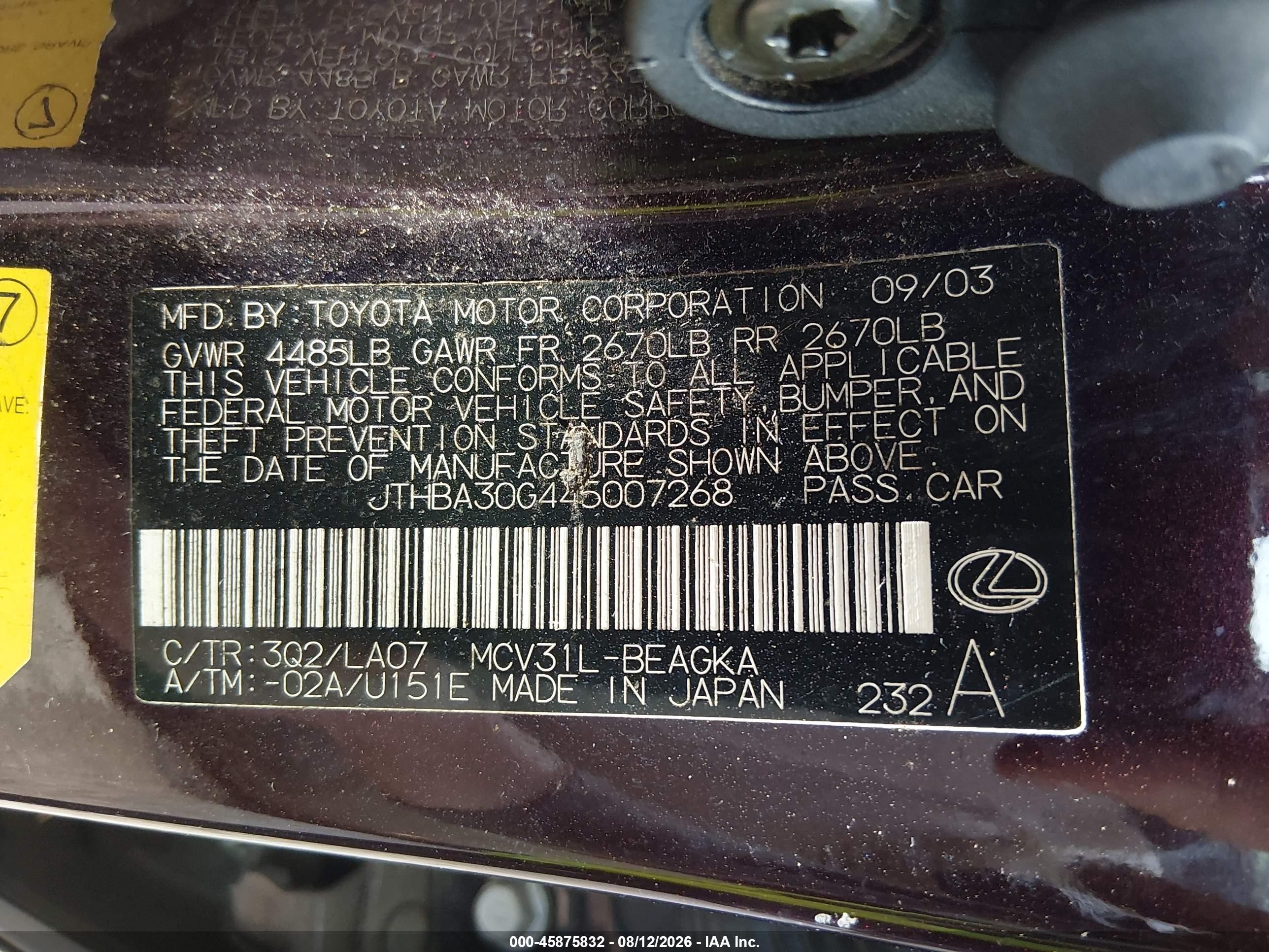 2004 Lexus Es 330   Burgundy vin: JTHBA30G445007268