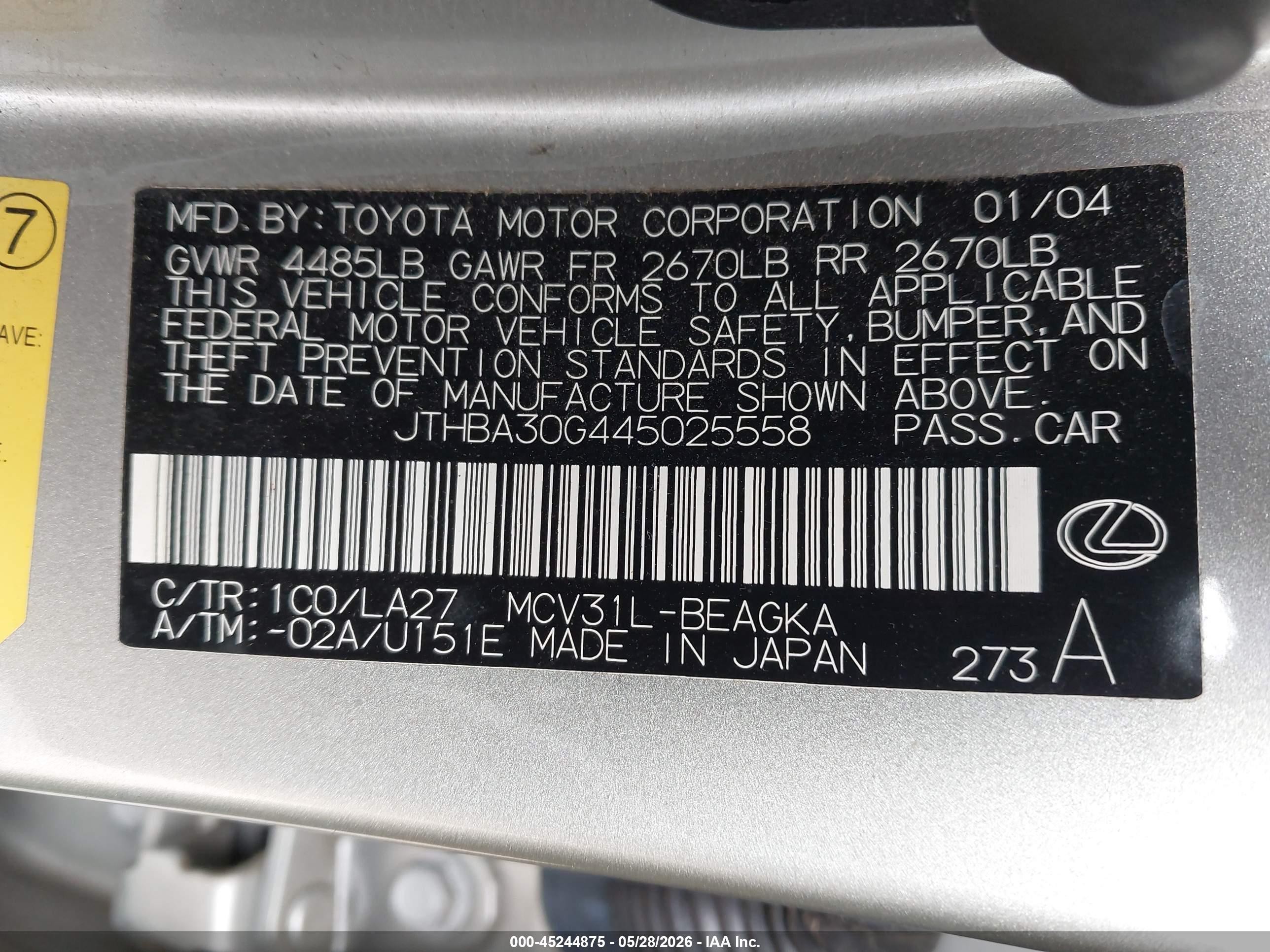 2004 Lexus Es 330   Серебряный vin: JTHBA30G445025558