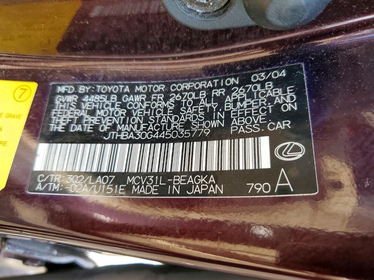 2004 Lexus Es 330 Maroon vin: JTHBA30G445035779