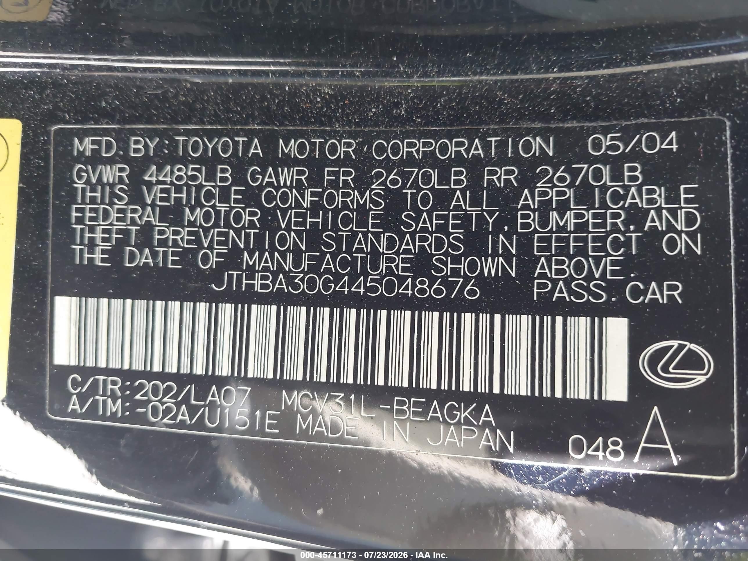 2004 Lexus Es 330 Black vin: JTHBA30G445048676