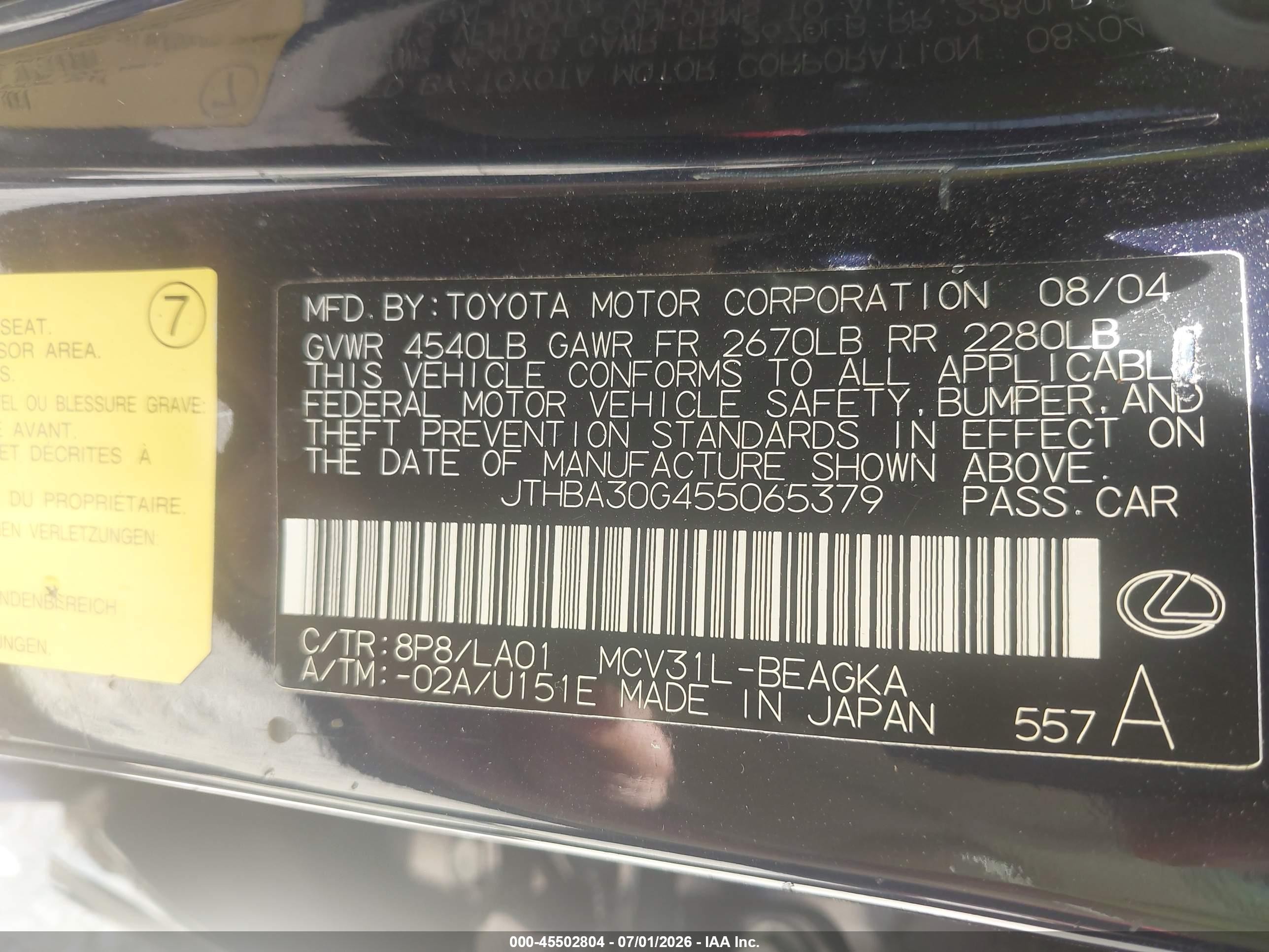 2005 Lexus Es 330   Blue vin: JTHBA30G455065379