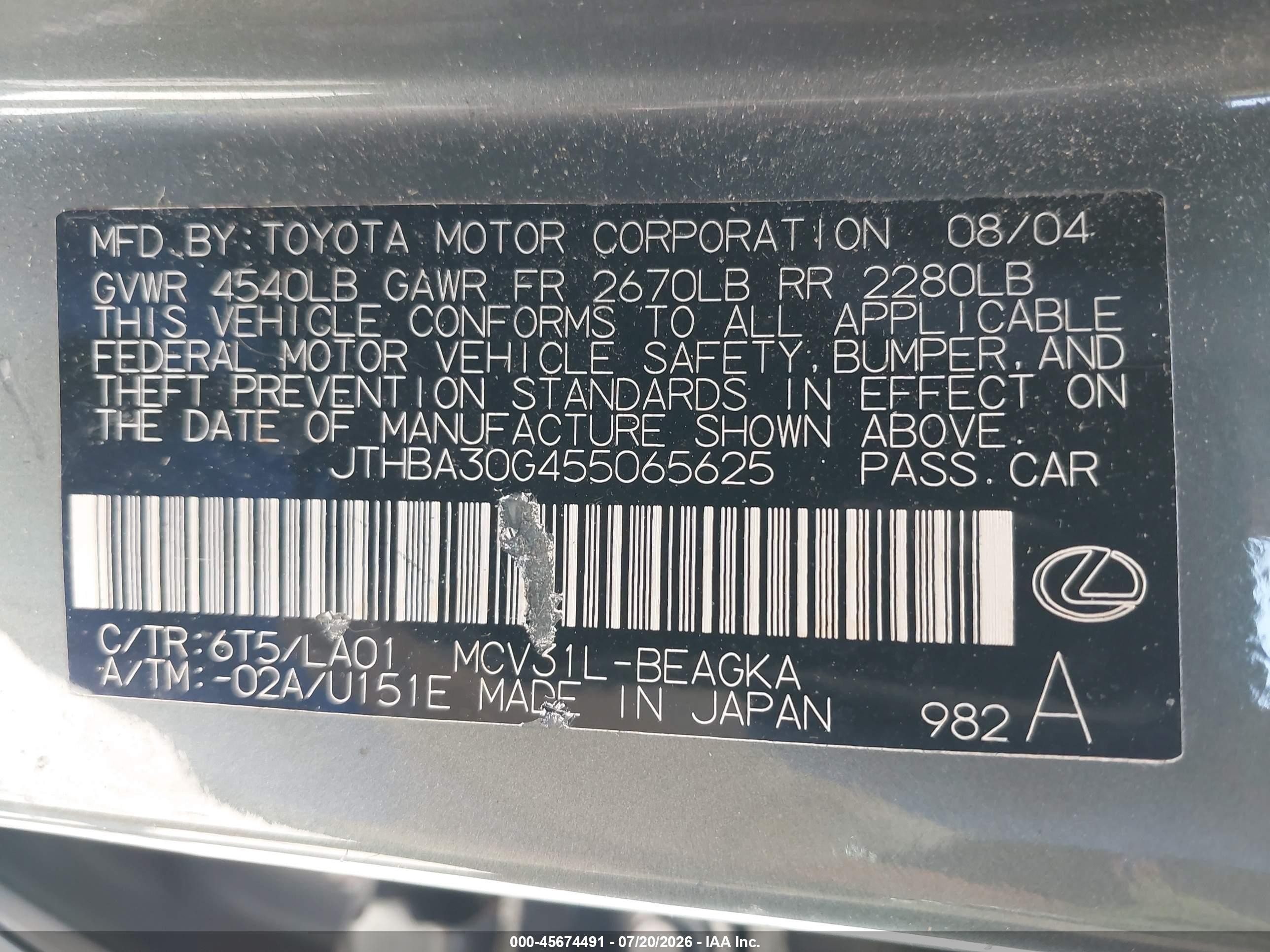 2005 Lexus Es 330 Green vin: JTHBA30G455065625