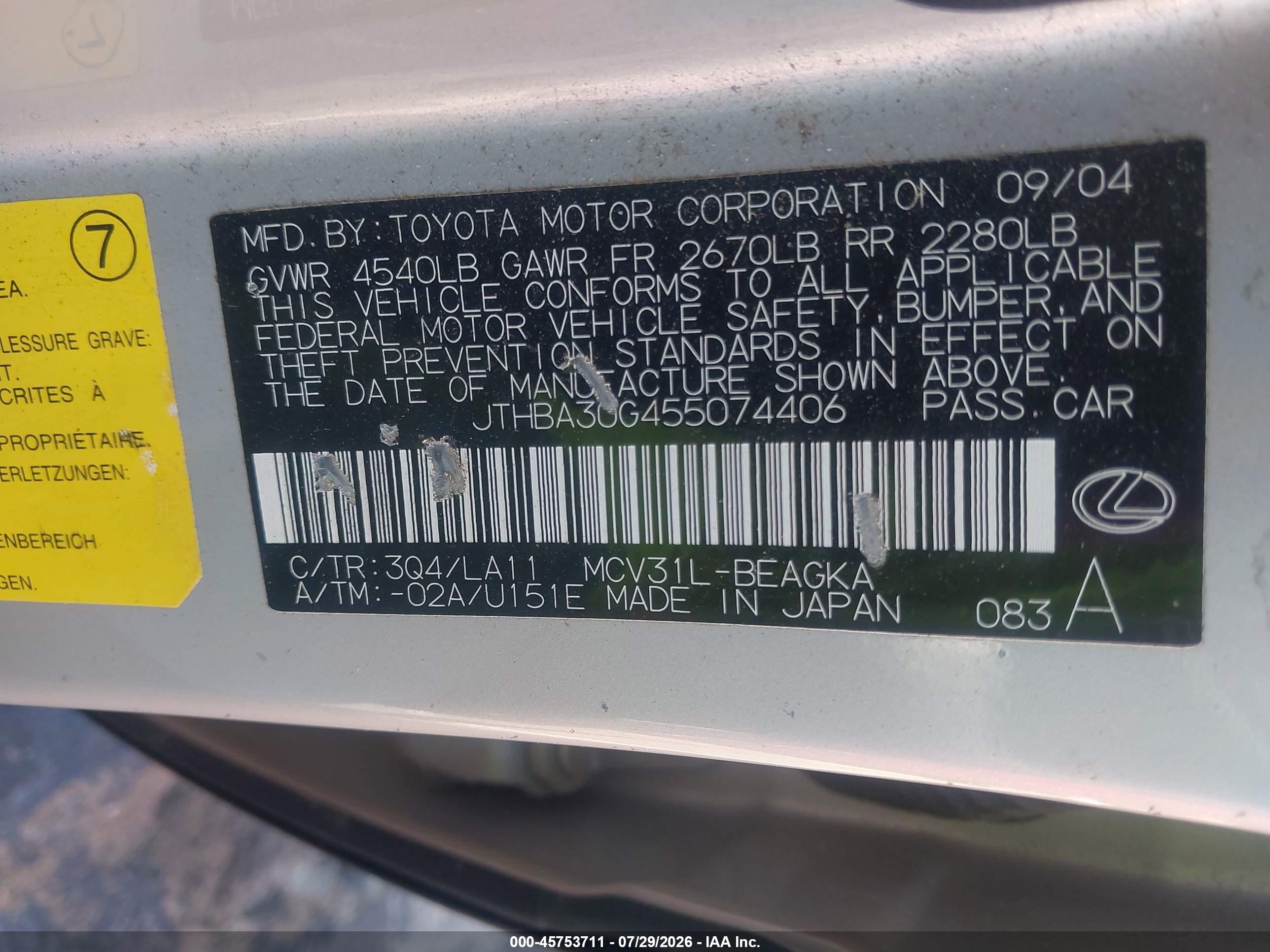 2005 Lexus Es 330   Silver vin: JTHBA30G455074406