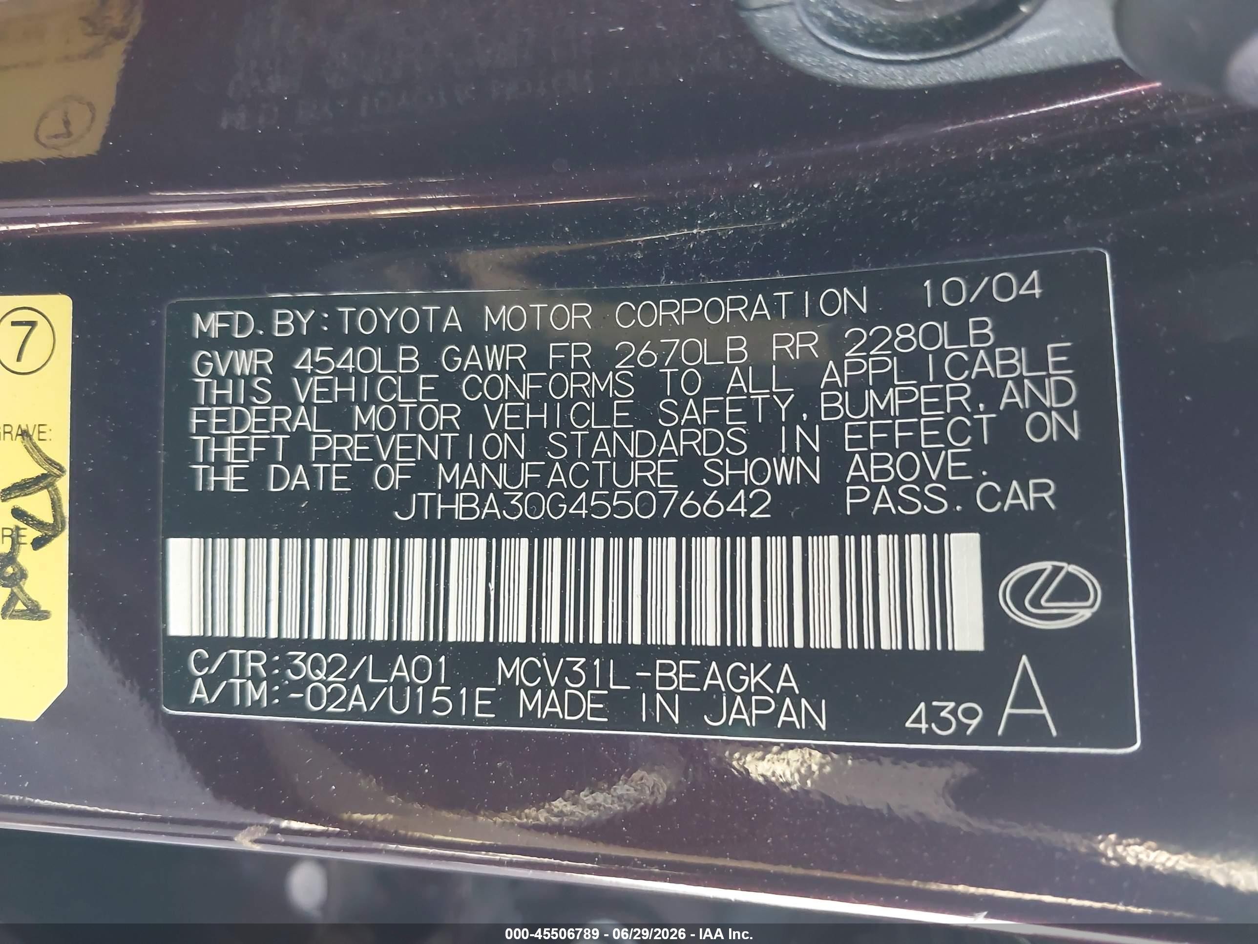 2005 Lexus Es 330 Maroon vin: JTHBA30G455076642