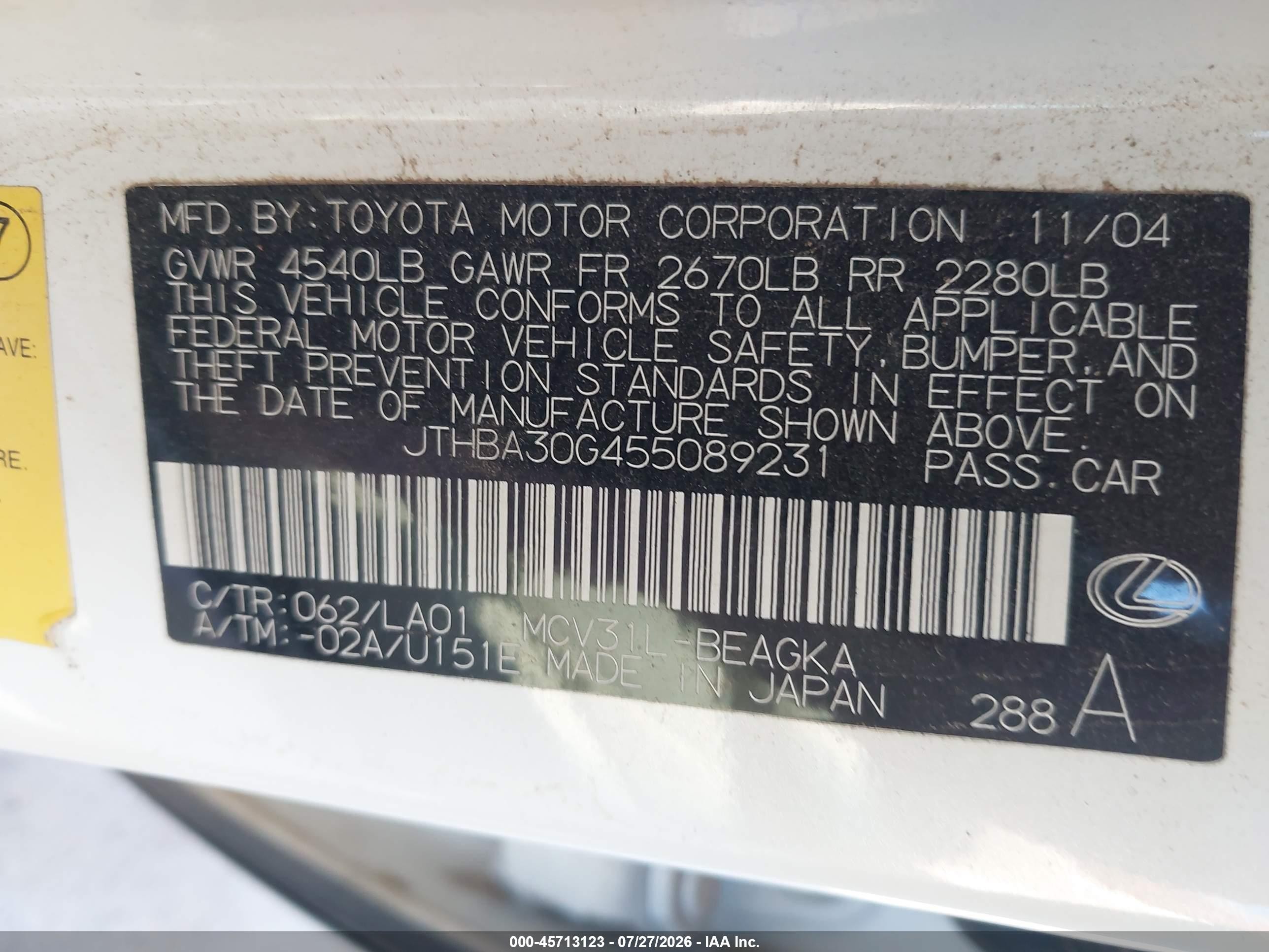 2005 Lexus Es 330   White vin: JTHBA30G455089231