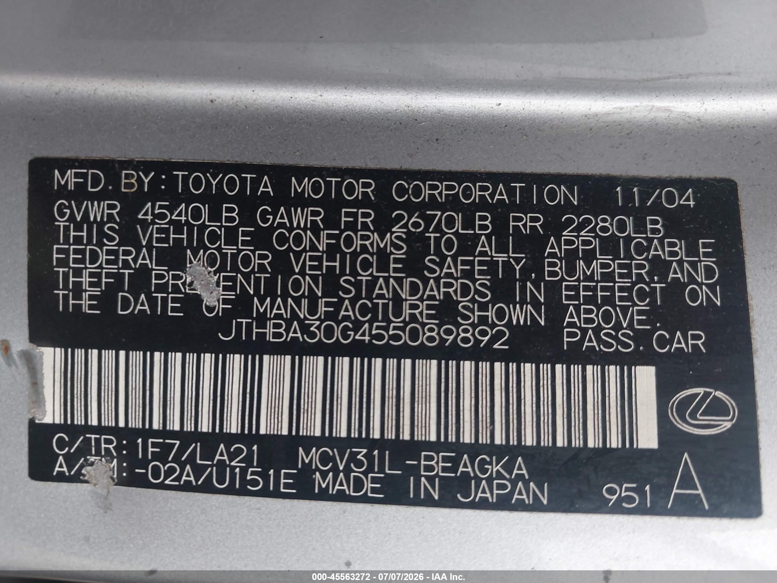 2005 Lexus Es 330 Silver vin: JTHBA30G455089892