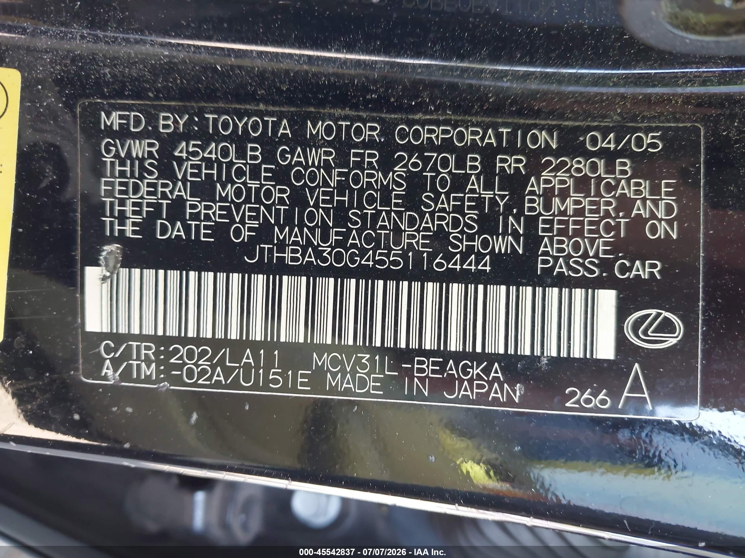 2005 Lexus Es 330   Black vin: JTHBA30G455116444