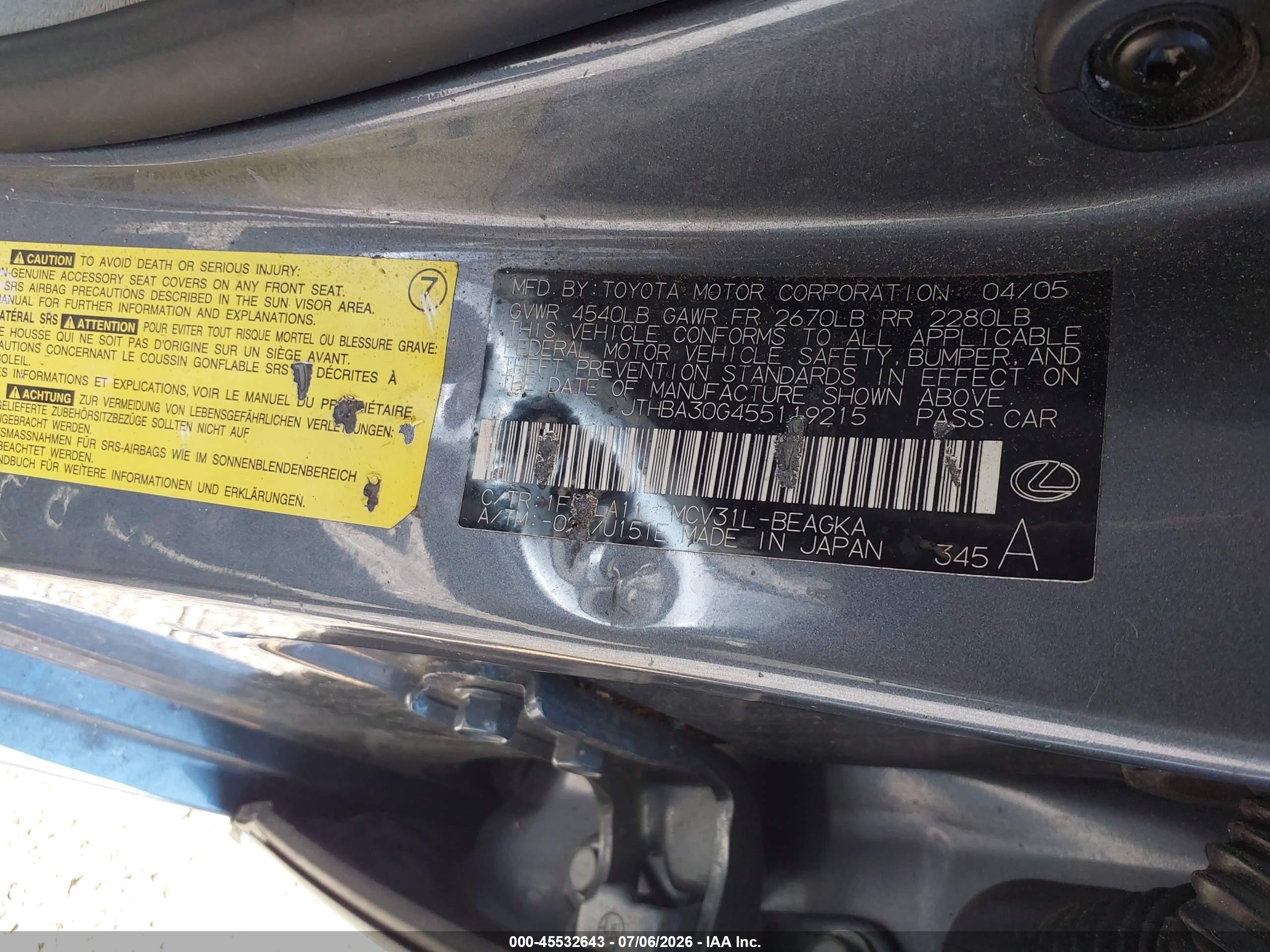2005 Lexus Es 330   Gray vin: JTHBA30G455119215