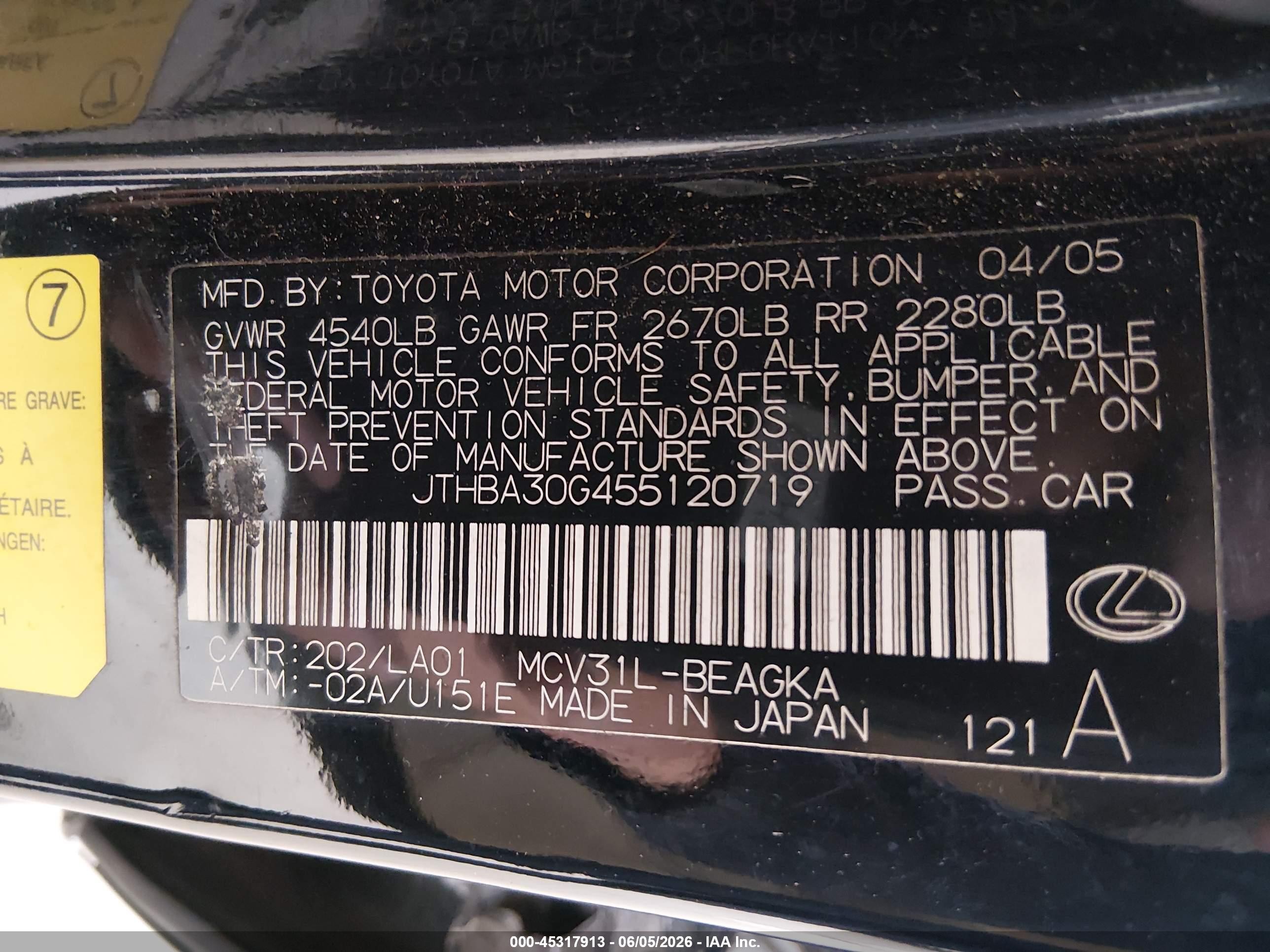 2005 Lexus Es 330   Черный vin: JTHBA30G455120719
