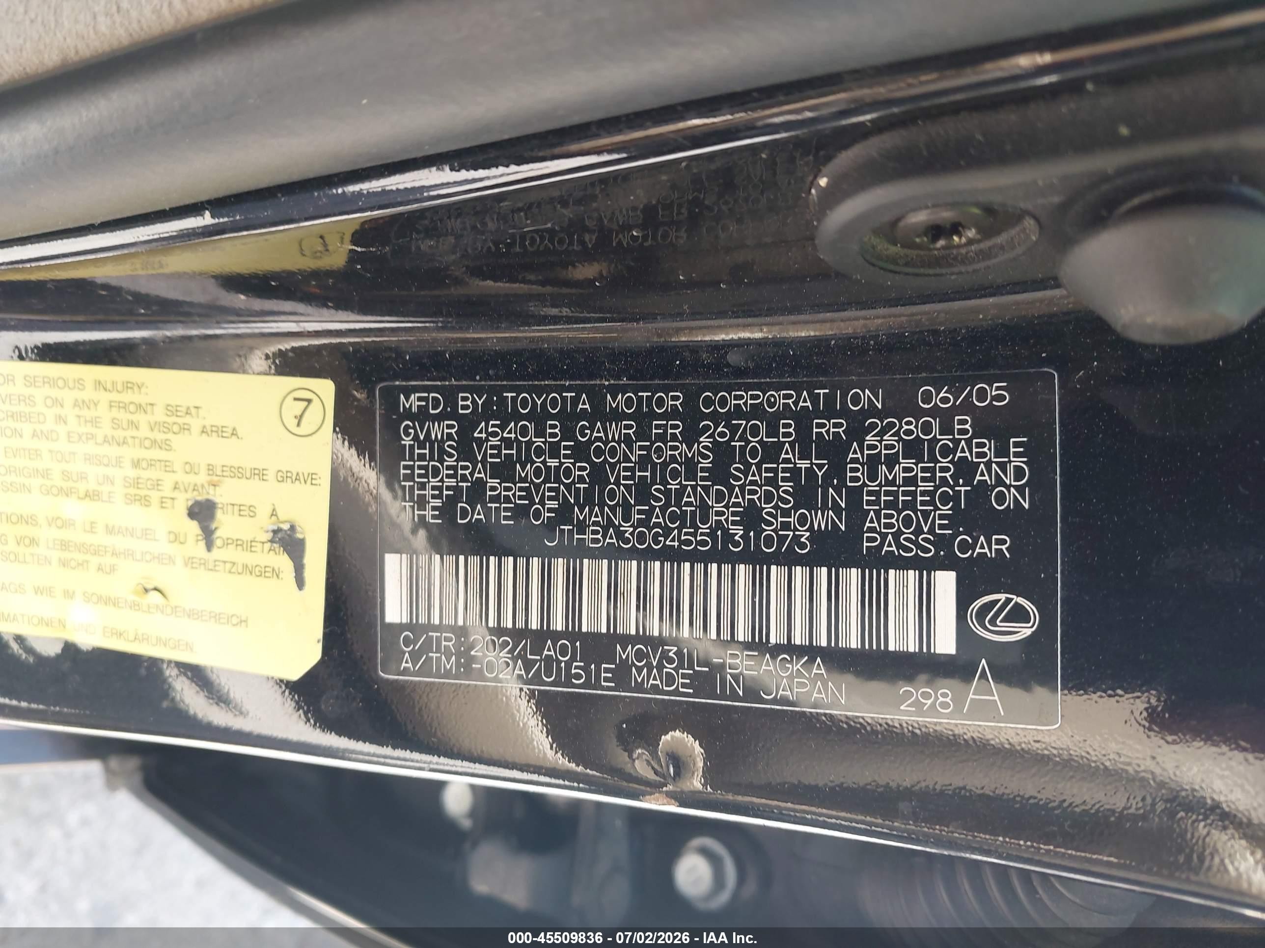 2005 Lexus Es 330   Black vin: JTHBA30G455131073