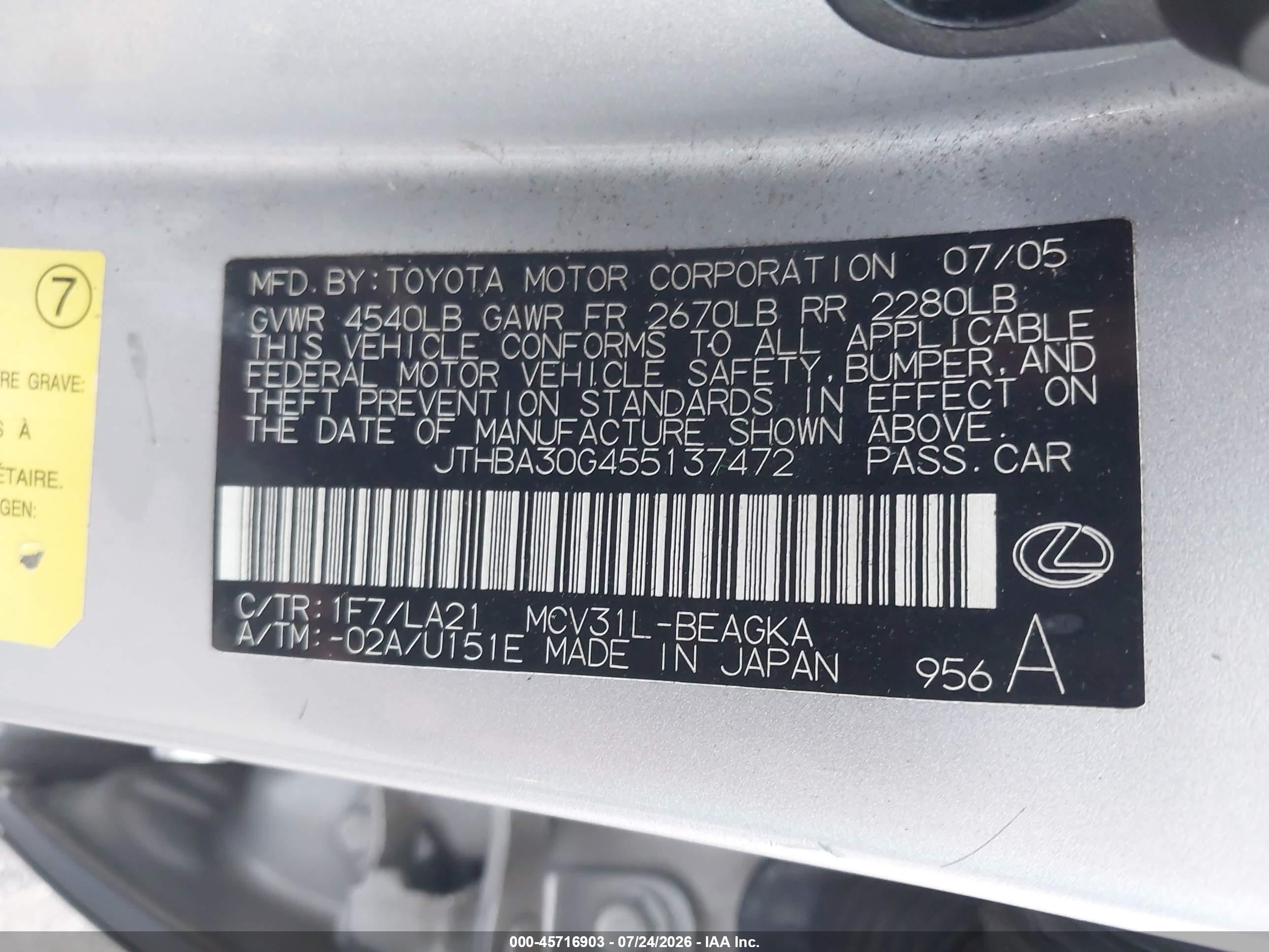 2005 Lexus Es 330 Silver vin: JTHBA30G455137472