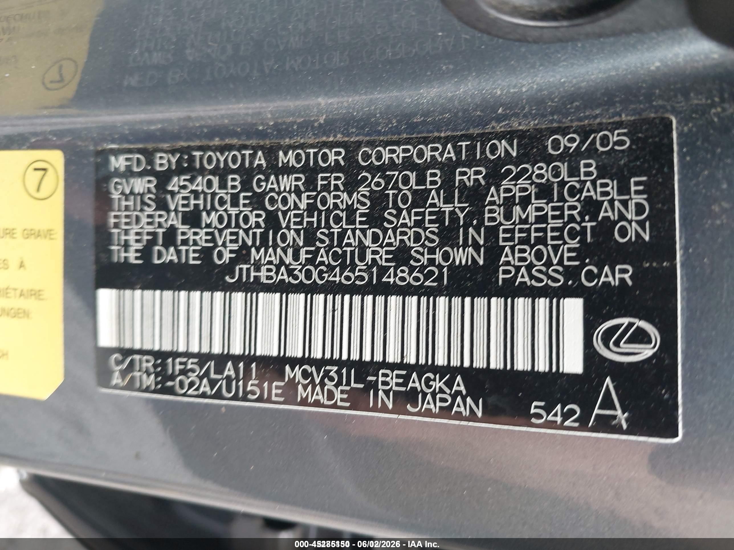 2006 Lexus Es 330   Blue vin: JTHBA30G465148621
