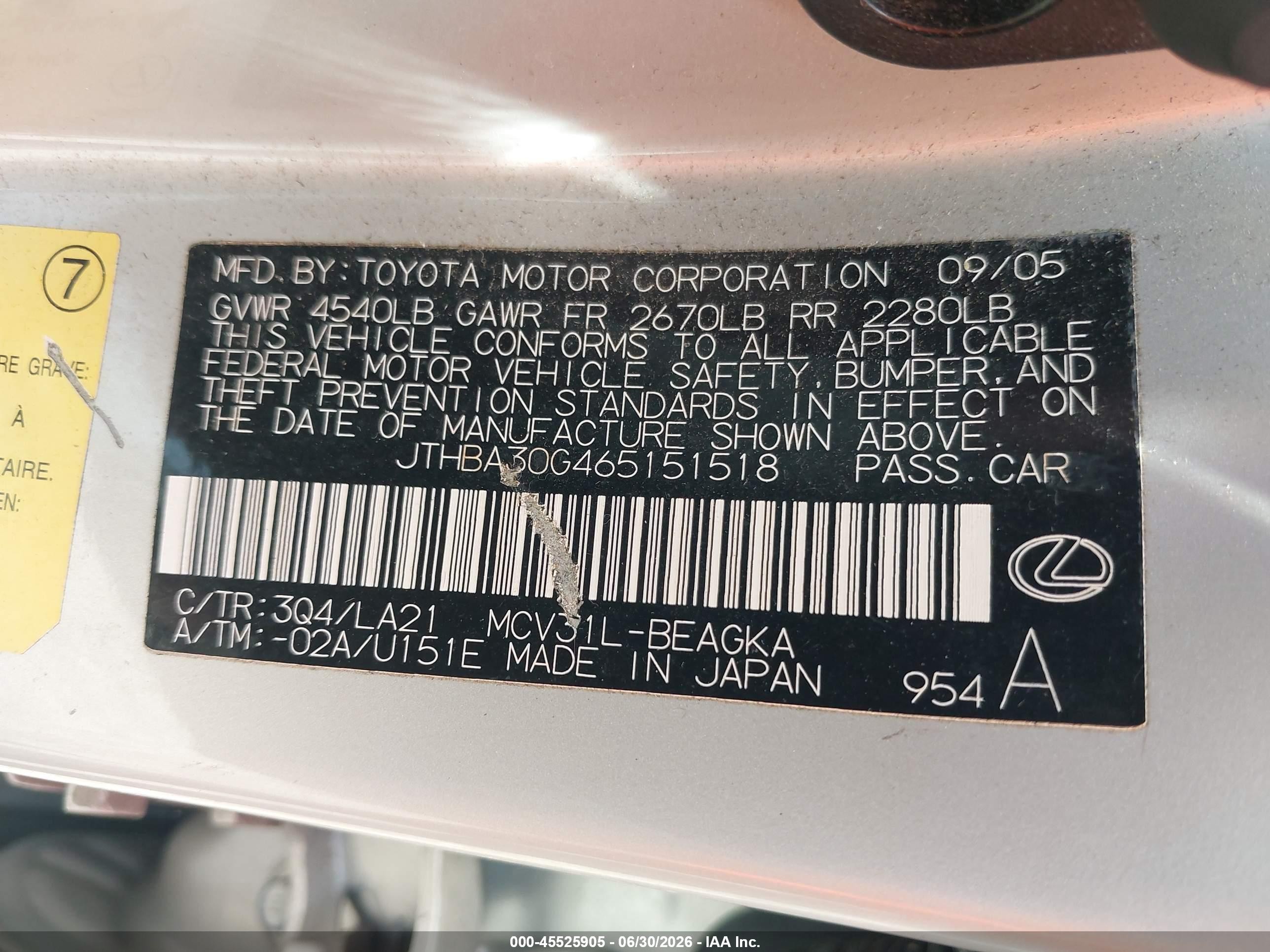2006 Lexus Es 330   Silver vin: JTHBA30G465151518